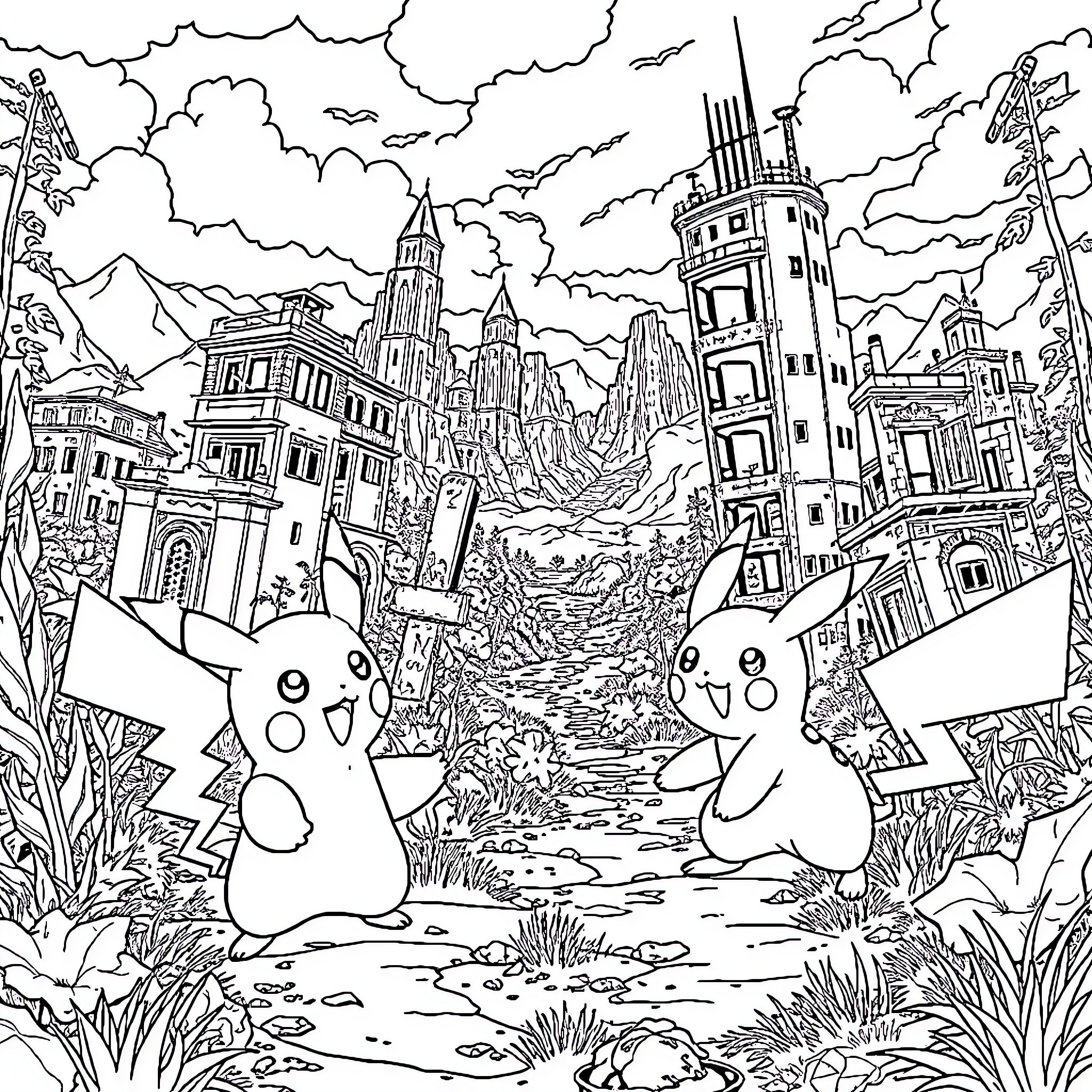 Pokémon characters exploring a fantastical city landscape Coloring Page (free black-and-white line drawing printable PDF for all, from beginners to advanced learners, including children, teens, adults, and seniors)