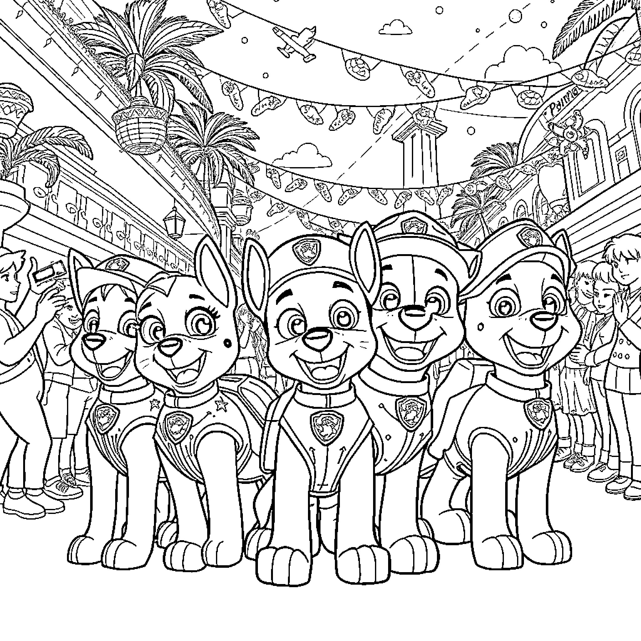 Paw Patrol Celebrating at a Tropical Party Coloring Page (free black-and-white line drawing printable PDF for all, from beginners to advanced learners, including children, teens, adults, and seniors)