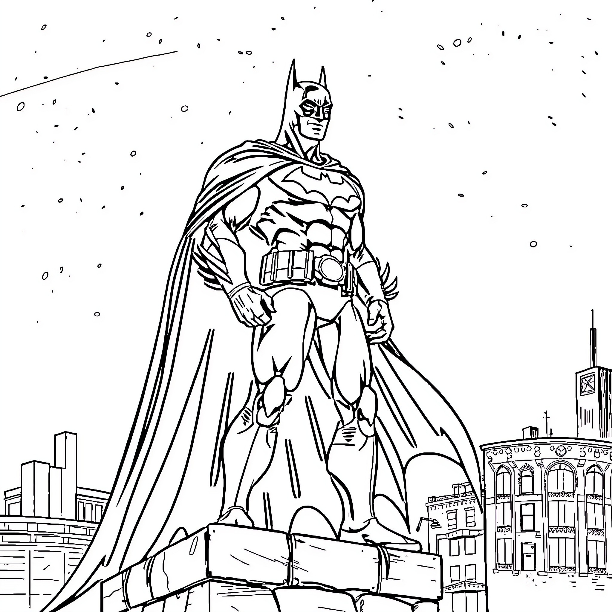 Batman standing heroically in a city at night Coloring Page (free black-and-white line drawing printable PDF for all, from beginners to advanced learners, including children, teens, adults, and seniors)