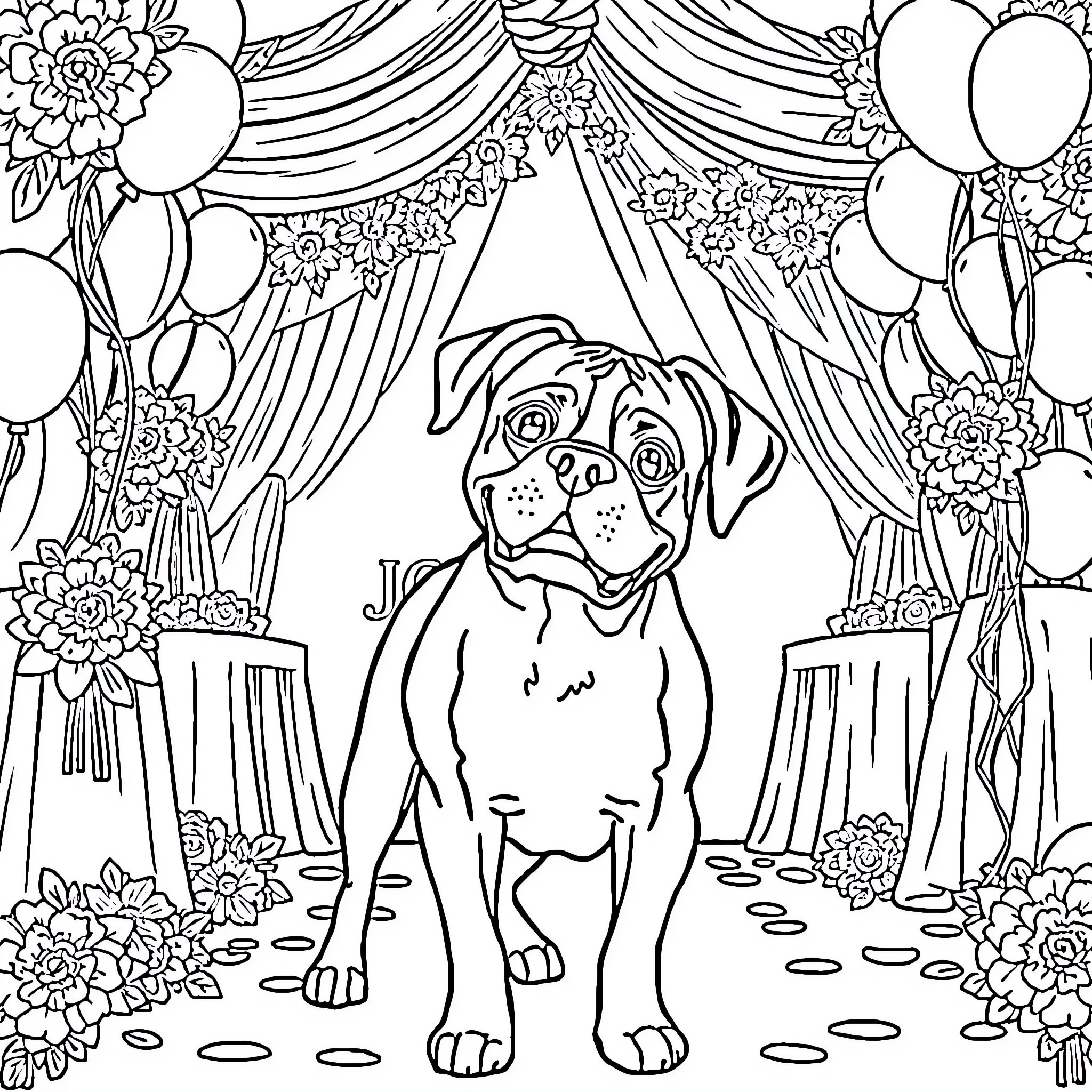 Boxer dog enjoying a festive celebration Coloring Page (free black-and-white line drawing printable PDF for all, from beginners to advanced learners, including children, teens, adults, and seniors)