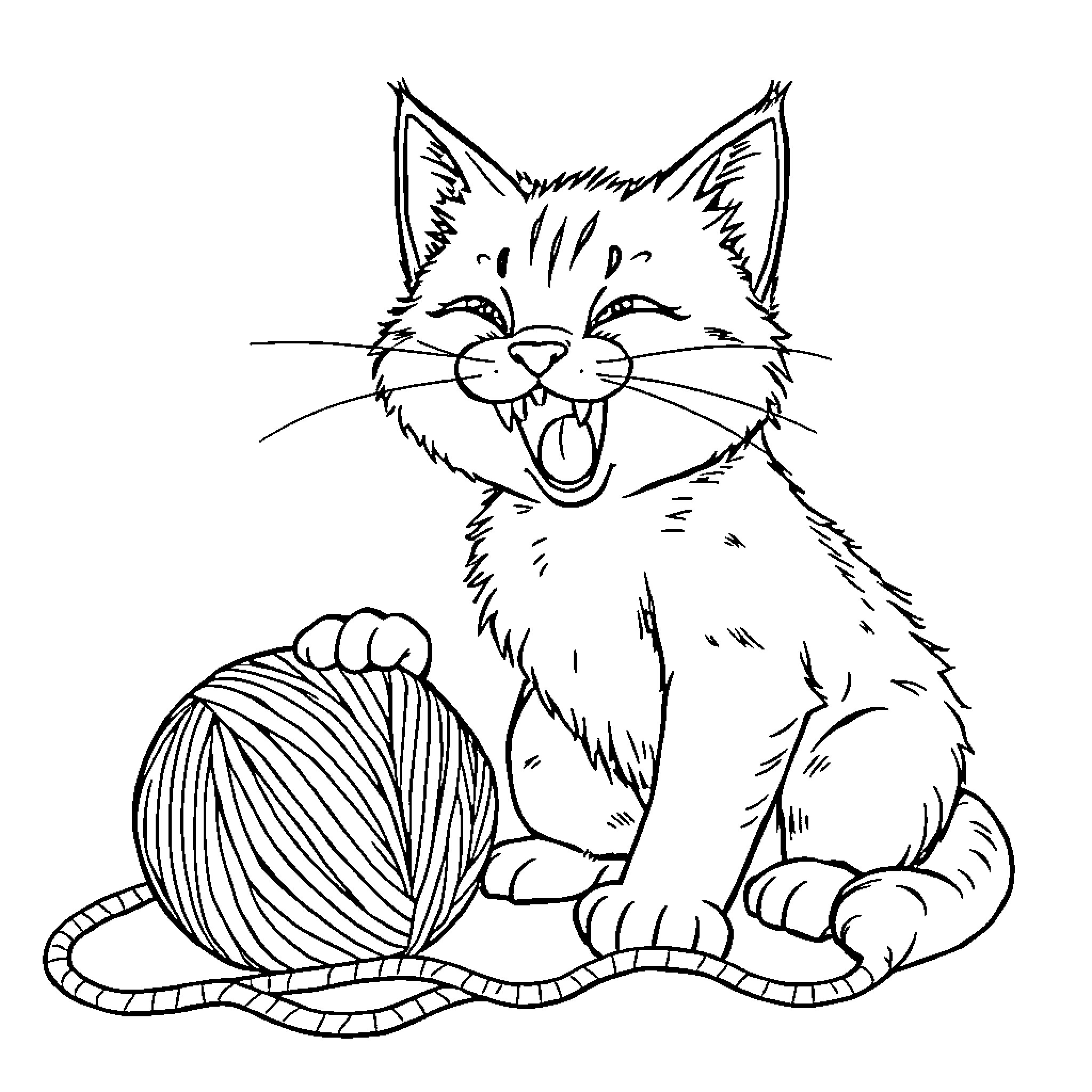Cat playing with yarn Coloring Page (free black-and-white line drawing printable PDF for all, from beginners to advanced learners, including children, teens, adults, and seniors)