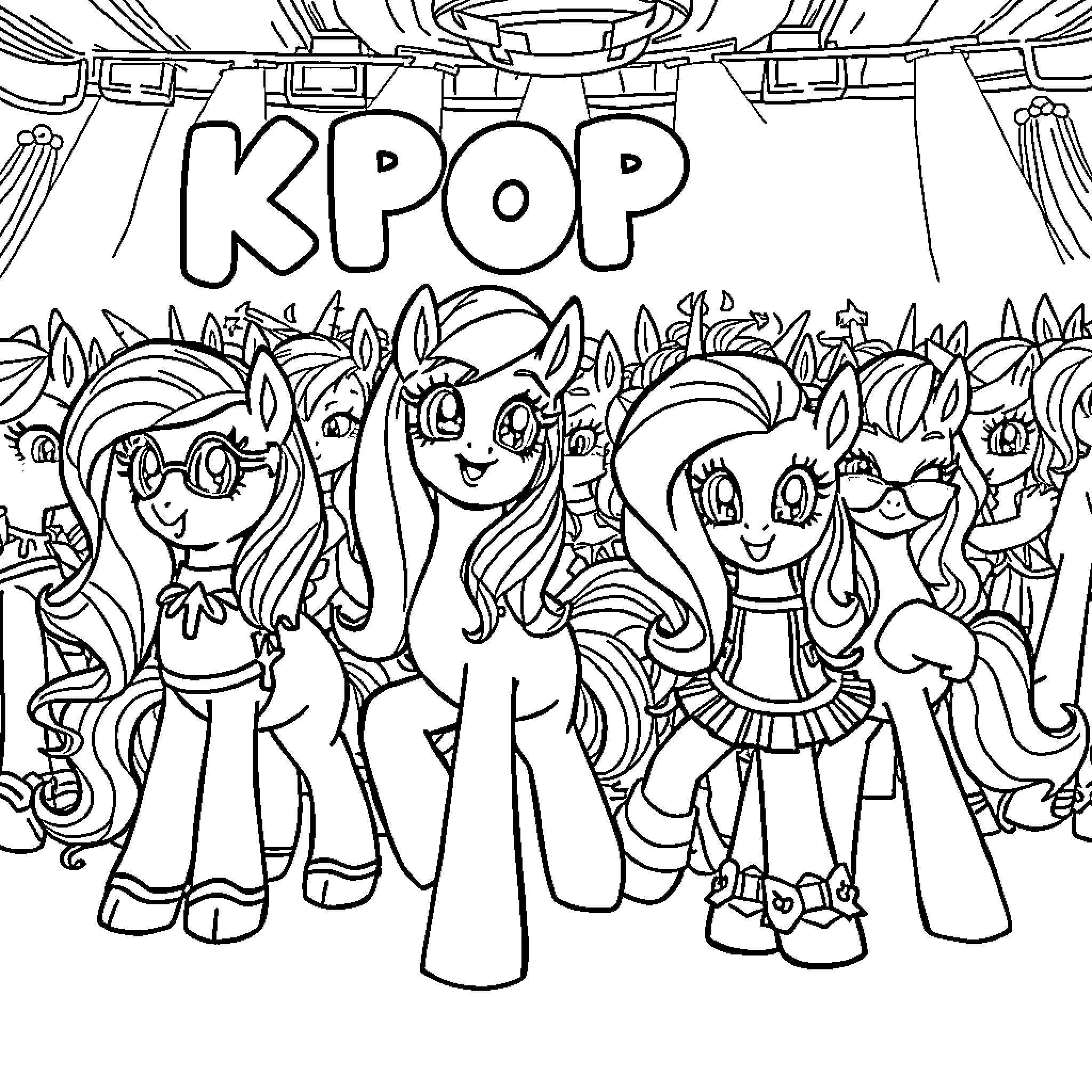 Pony K-pop performers on stage Coloring Page (free black-and-white line drawing printable PDF for all, from beginners to advanced learners, including children, teens, adults, and seniors)