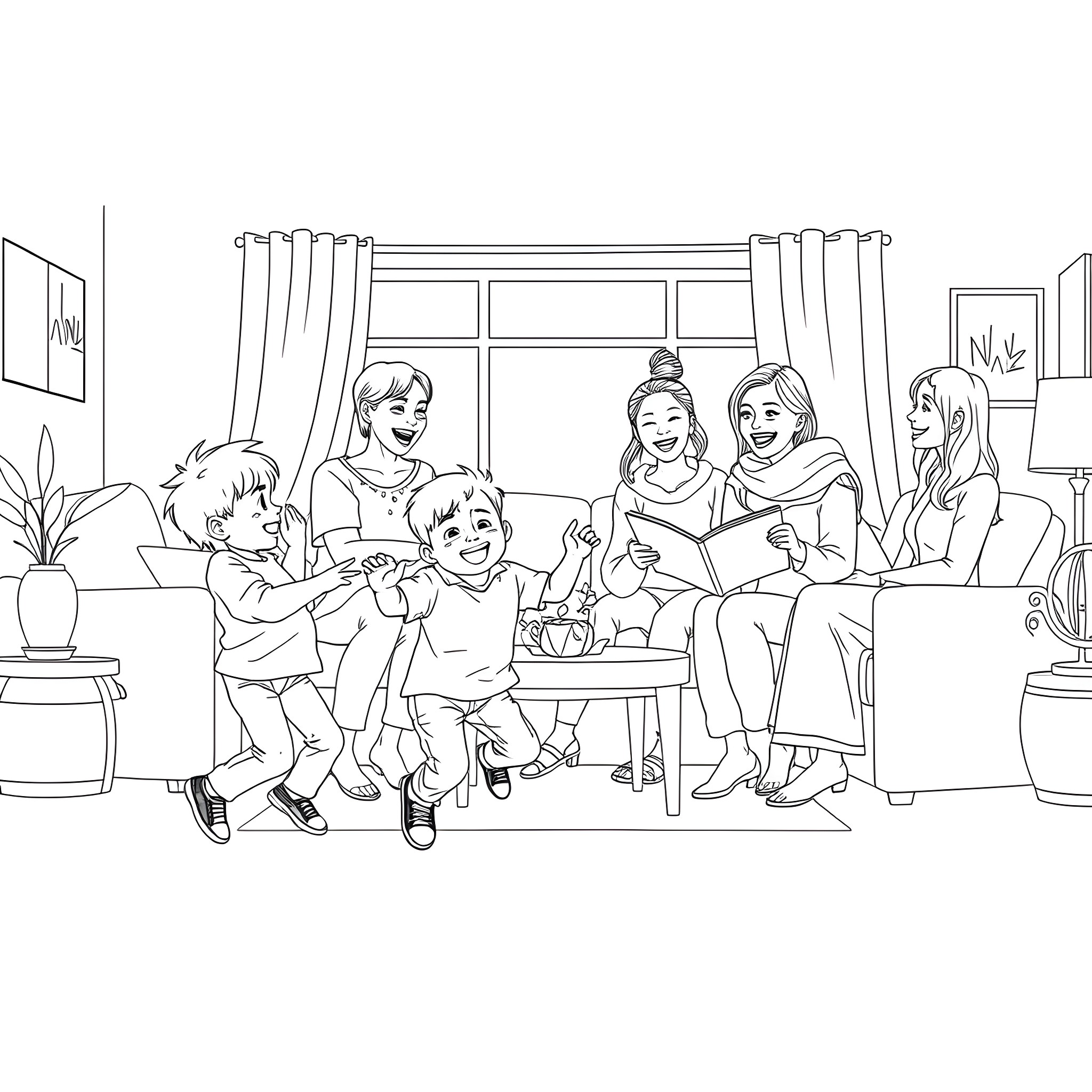 Family enjoying quality time together at home Coloring Page (free black-and-white line drawing printable PDF for all, from beginners to advanced learners, including children, teens, adults, and seniors)