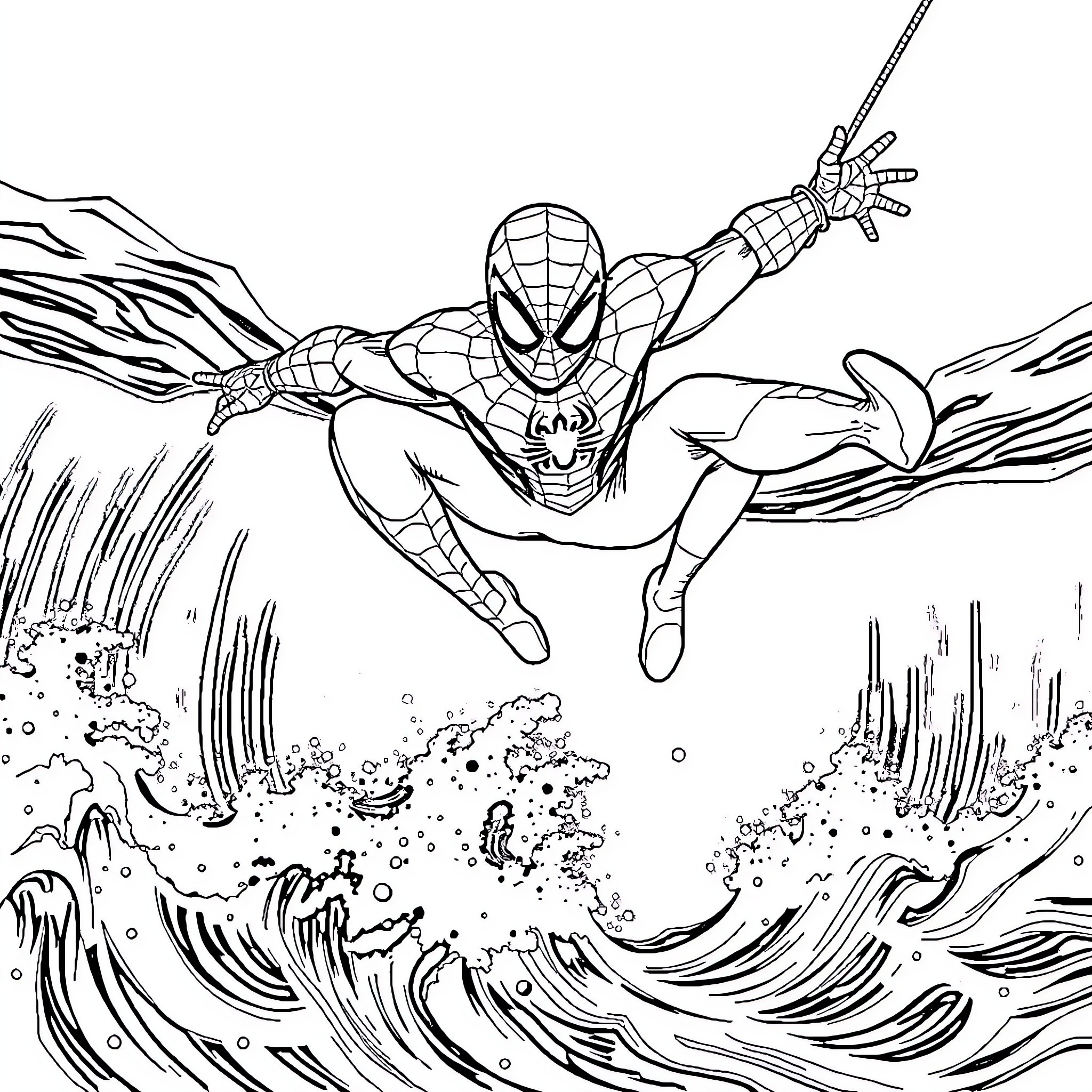 Spiderman Swinging through the City Coloring Page (free black-and-white line drawing printable PDF for all, from beginners to advanced learners, including children, teens, adults, and seniors)