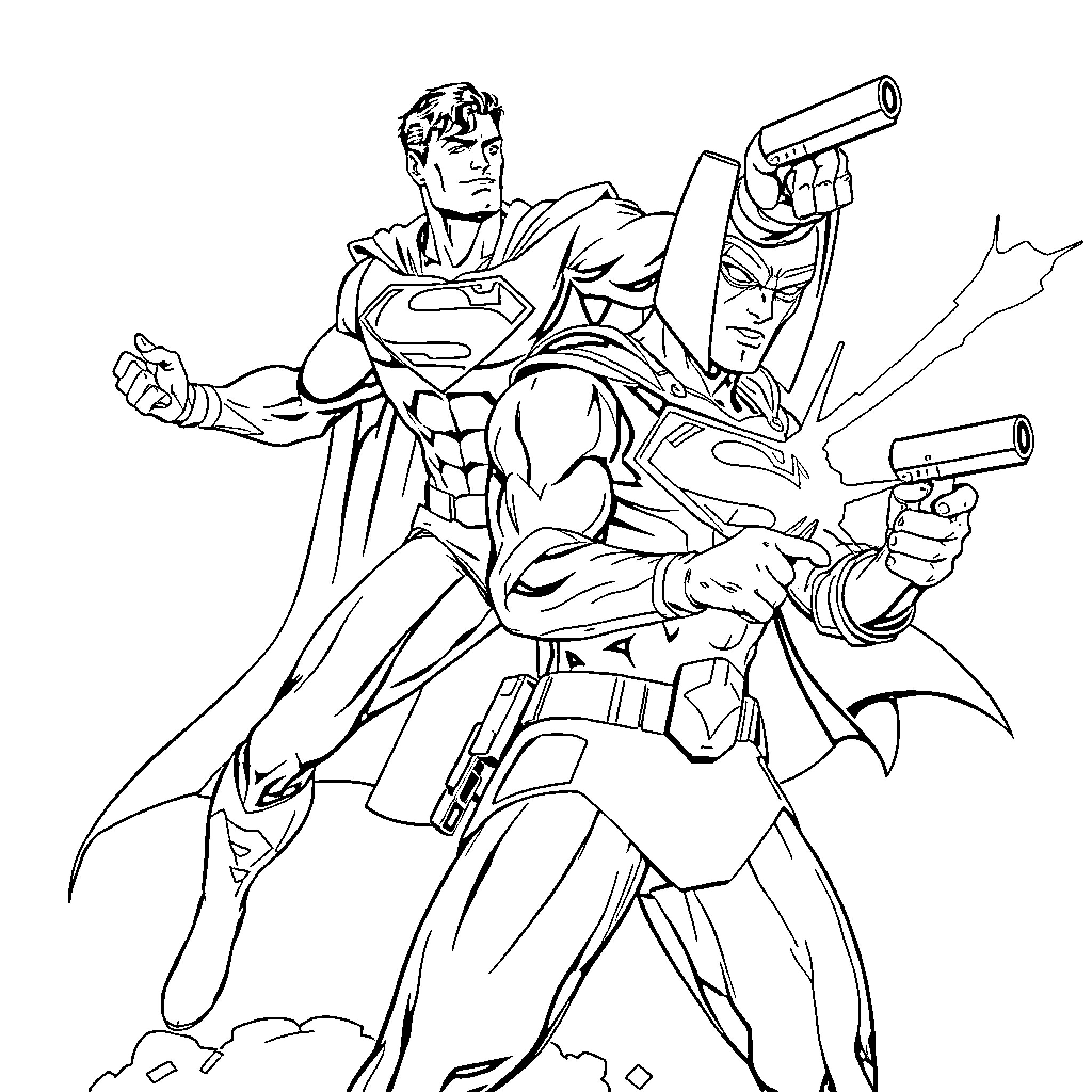 Superman and Batman fighting against villains Coloring Page (free black-and-white line drawing printable PDF for all, from beginners to advanced learners, including children, teens, adults, and seniors)