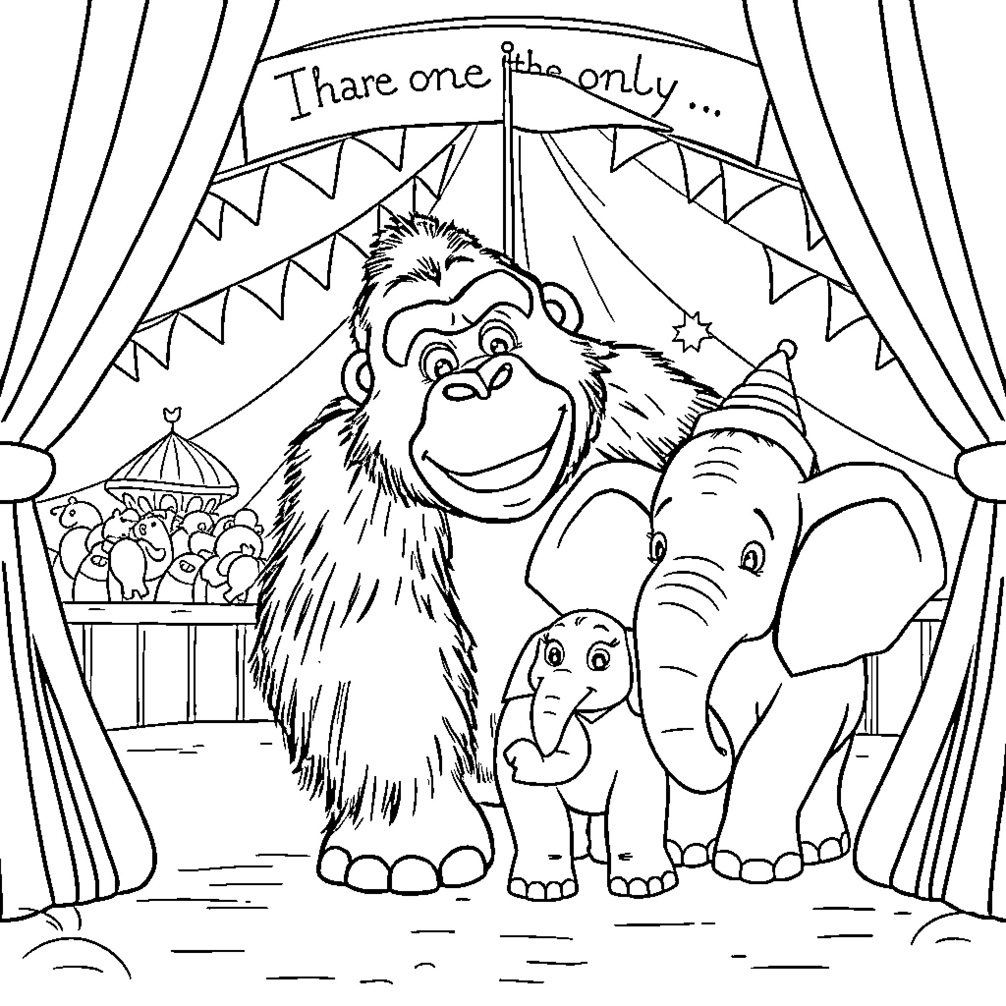 Ivan's Circus Adventure with Friendly Animals Coloring Page (free black-and-white line drawing printable PDF for all, from beginners to advanced learners, including children, teens, adults, and seniors)