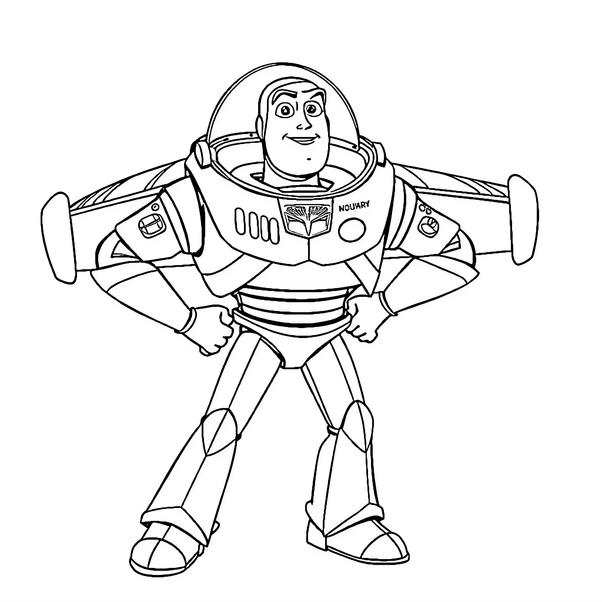 Buzz Lightyear in action ready for adventure Coloring Page (free black-and-white line drawing printable PDF for all, from beginners to advanced learners, including children, teens, adults, and seniors)