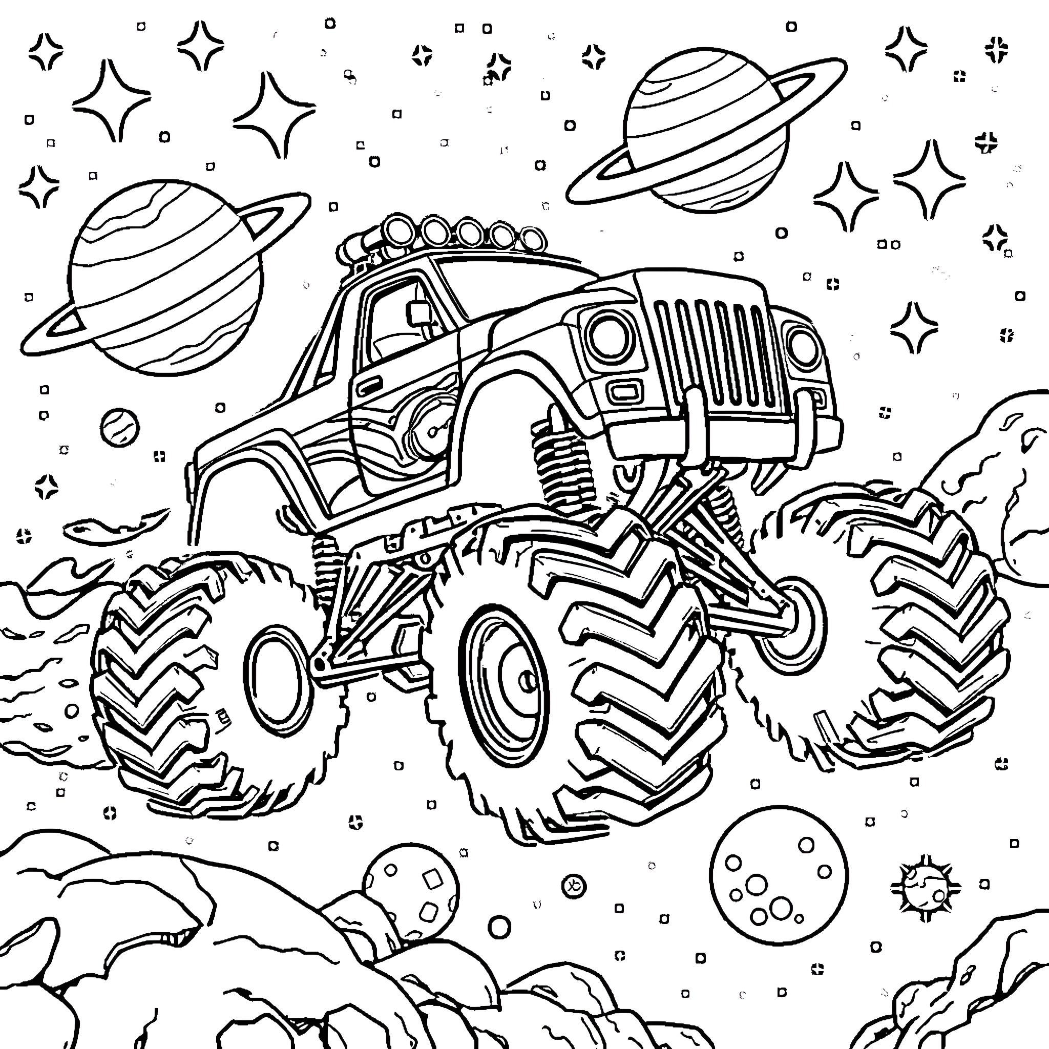 Monster Truck exploring the galaxy Coloring Page (free black-and-white line drawing printable PDF for all, from beginners to advanced learners, including children, teens, adults, and seniors)