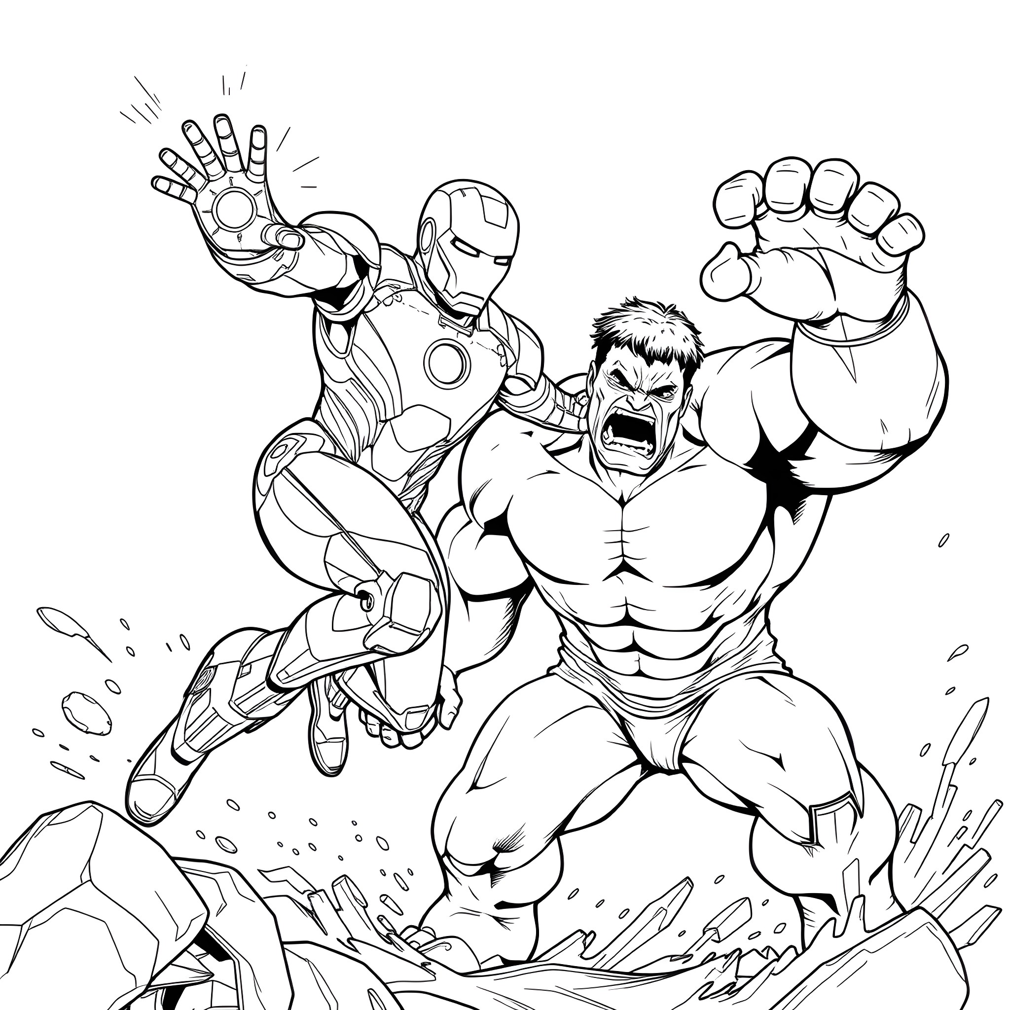 Ironman battles against a muscular superhero Coloring Page (free black-and-white line drawing printable PDF for all, from beginners to advanced learners, including children, teens, adults, and seniors)