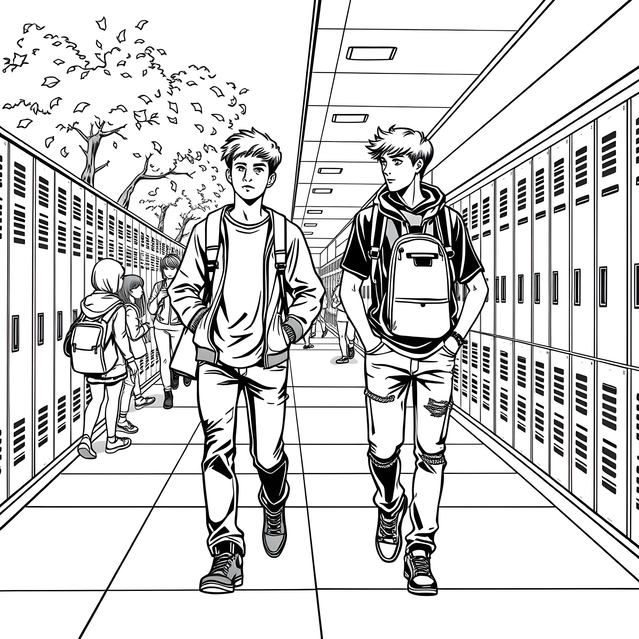 Teen Guys Walking Through School Hallway Coloring Page (free black-and-white line drawing printable PDF for all, from beginners to advanced learners, including children, teens, adults, and seniors)