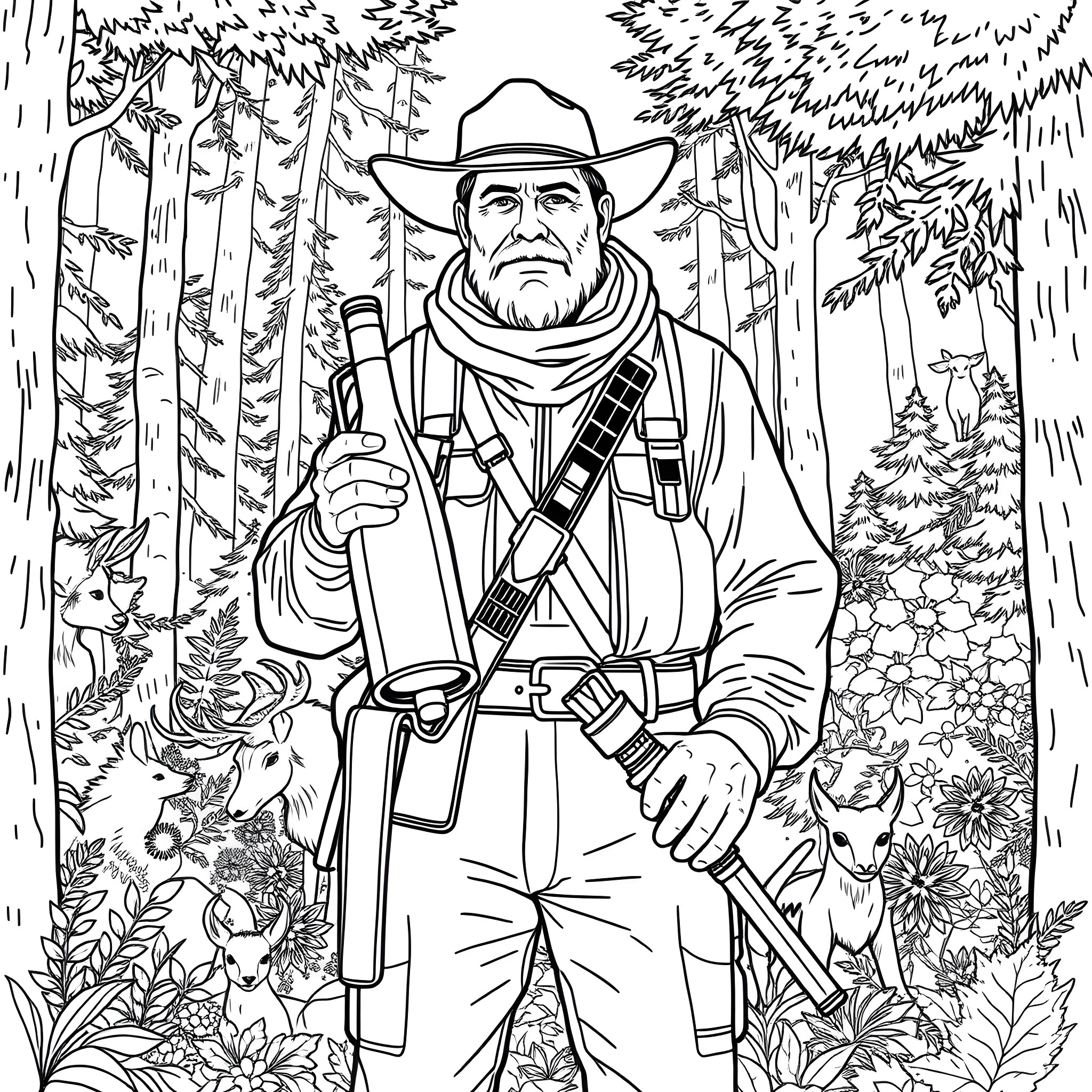 Hunter Braving the Wilderness with Rifle and Determination Coloring Page (free black-and-white line drawing printable PDF for all, from beginners to advanced learners, including children, teens, adults, and seniors)