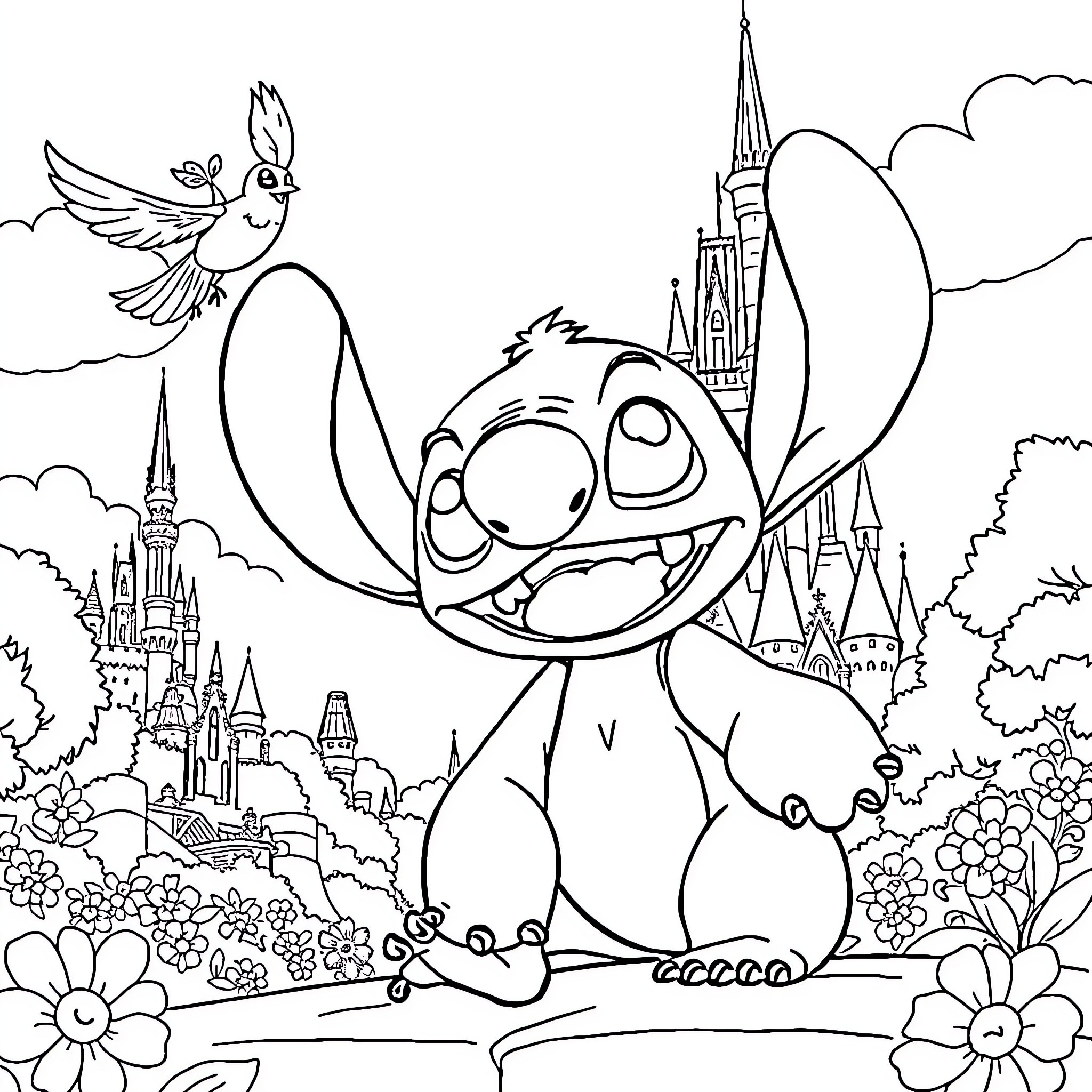 Bird character enjoying a magical castle scene Coloring Page (free black-and-white line drawing printable PDF for all, from beginners to advanced learners, including children, teens, adults, and seniors)