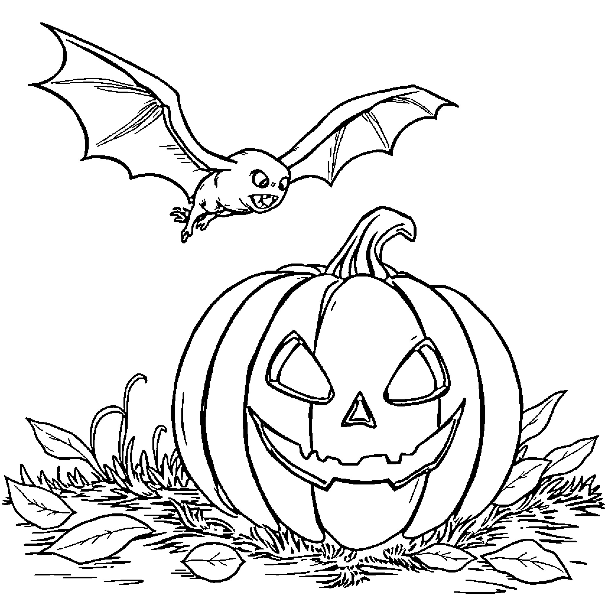 Bat swooping near Jack-o'-lantern on autumn leaves Coloring Page (free black-and-white line drawing printable PDF for all, from beginners to advanced learners, including children, teens, adults, and seniors)