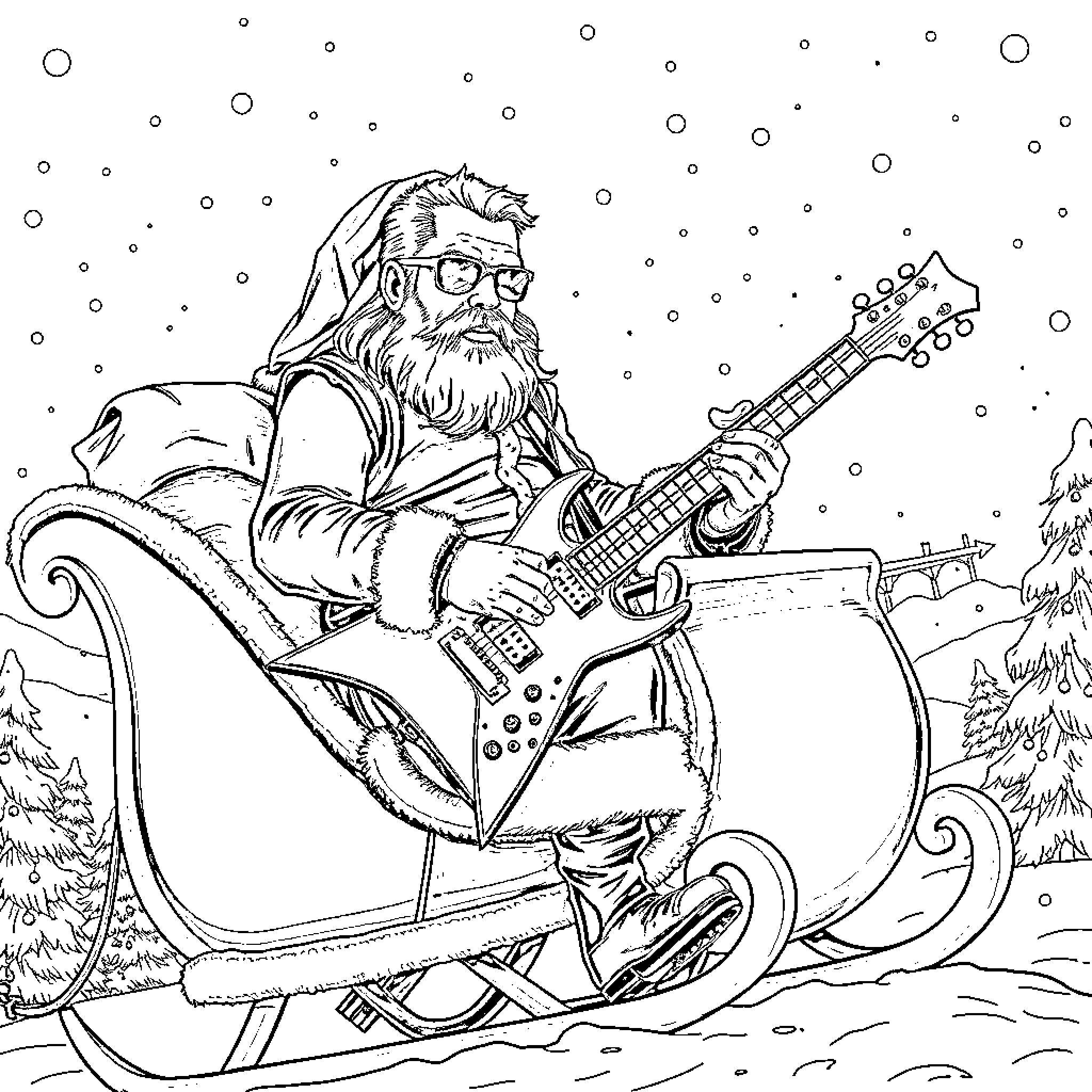 James Hetfield Rocks the Snowy Sleigh with Guitar Coloring Page (free black-and-white line drawing printable PDF for all, from beginners to advanced learners, including children, teens, adults, and seniors)