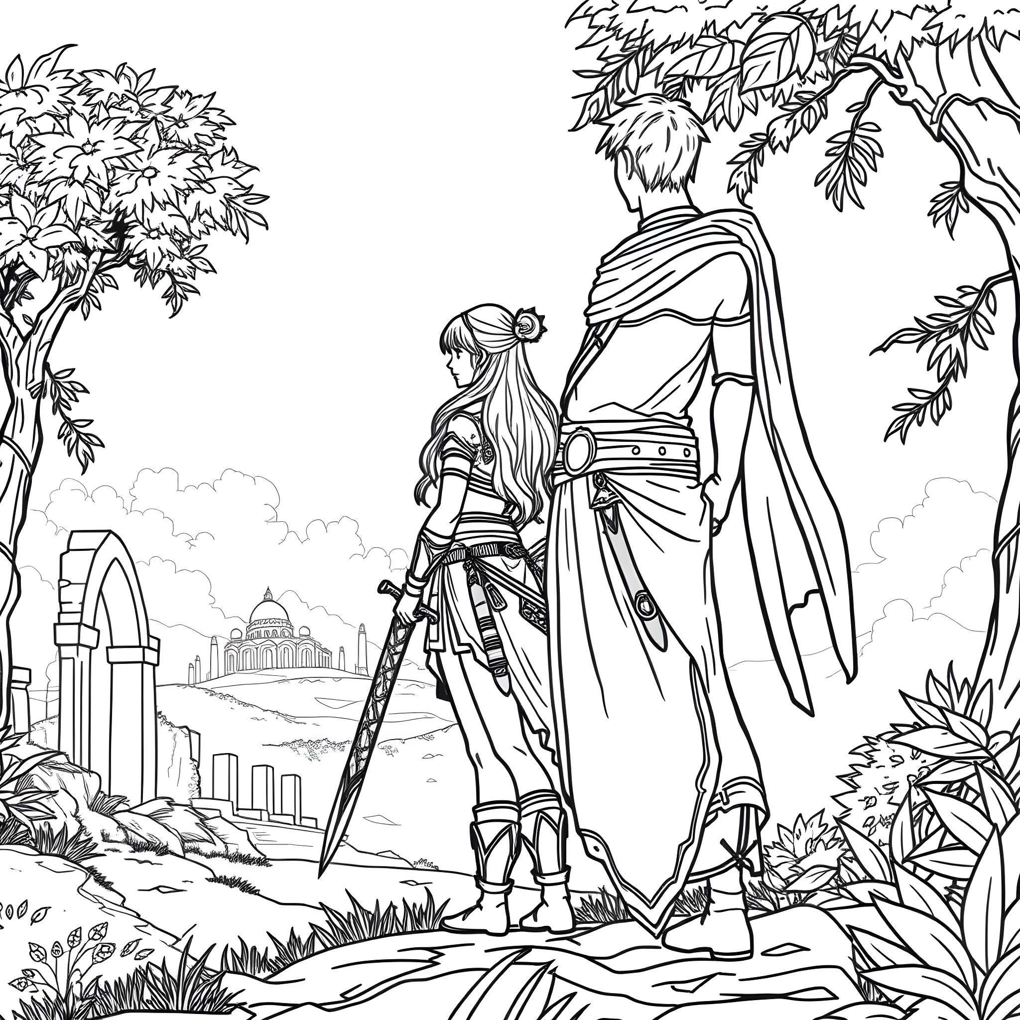 Raya and her companion stand in a lush, scenic landscape Coloring Page (free black-and-white line drawing printable PDF for all, from beginners to advanced learners, including children, teens, adults, and seniors)