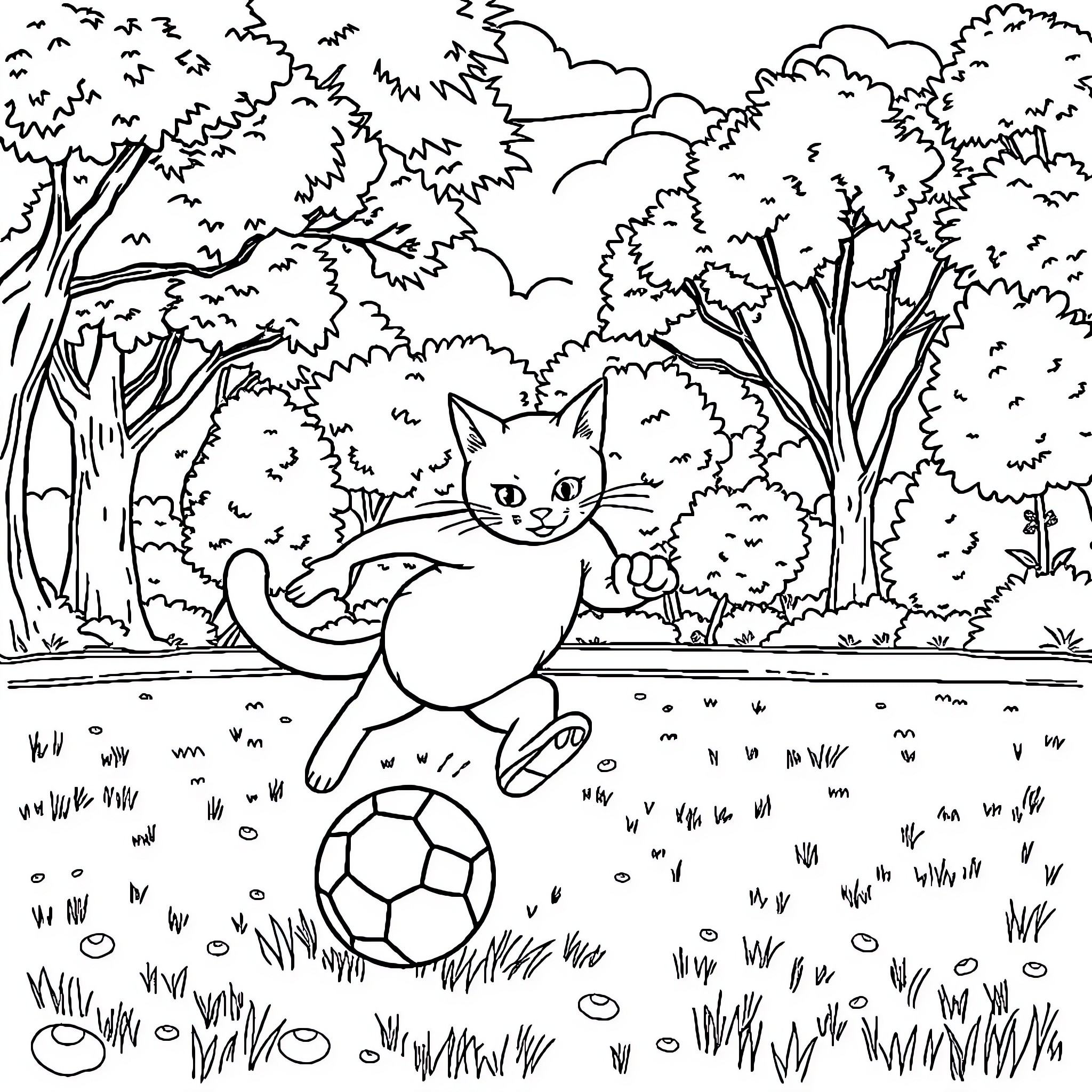 Cat playing joyfully with soccer ball in the forest Coloring Page (free black-and-white line drawing printable PDF for all, from beginners to advanced learners, including children, teens, adults, and seniors)