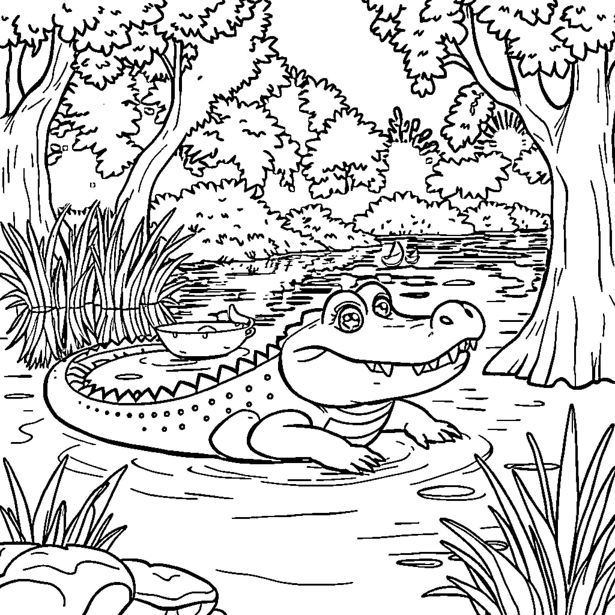 Alligator relaxing in the swampy forest Coloring Page (free black-and-white line drawing printable PDF for all, from beginners to advanced learners, including children, teens, adults, and seniors)