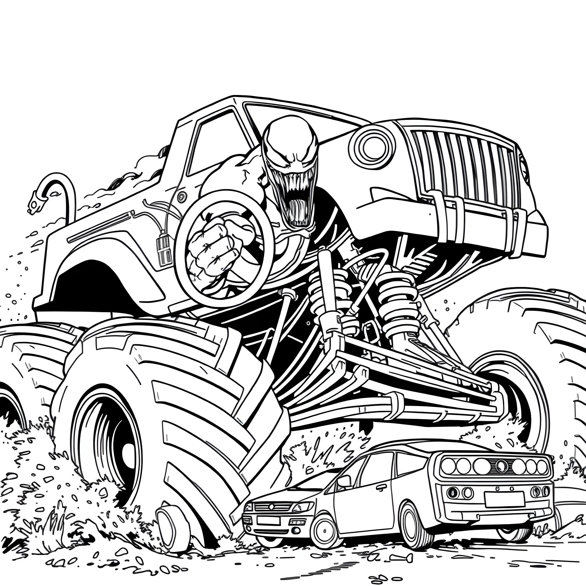 Venom's Monstrous Monster Truck Mayhem Coloring Page (free black-and-white line drawing printable PDF for all, from beginners to advanced learners, including children, teens, adults, and seniors)