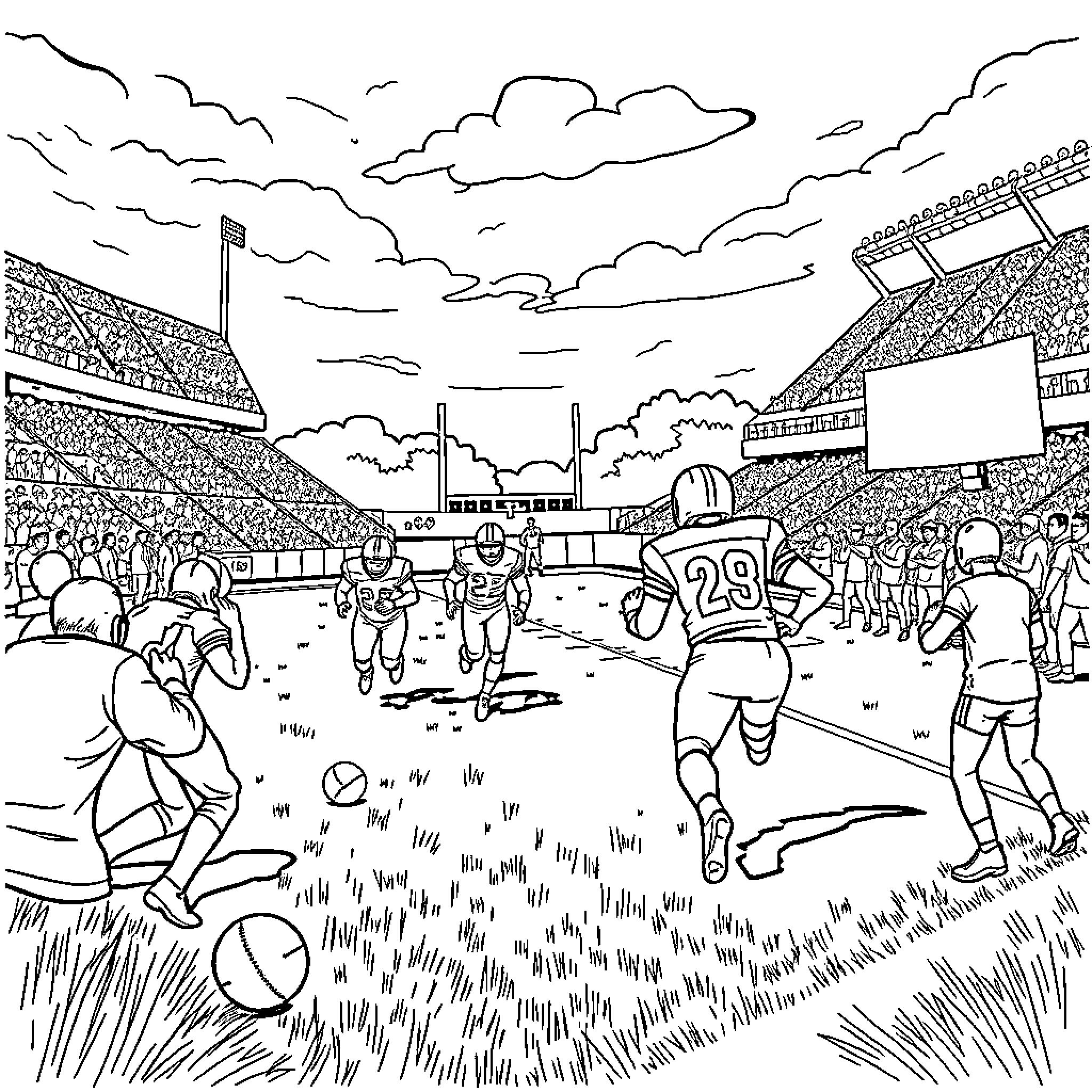 Football game action in crowded stadium Coloring Page (free black-and-white line drawing printable PDF for all, from beginners to advanced learners, including children, teens, adults, and seniors)