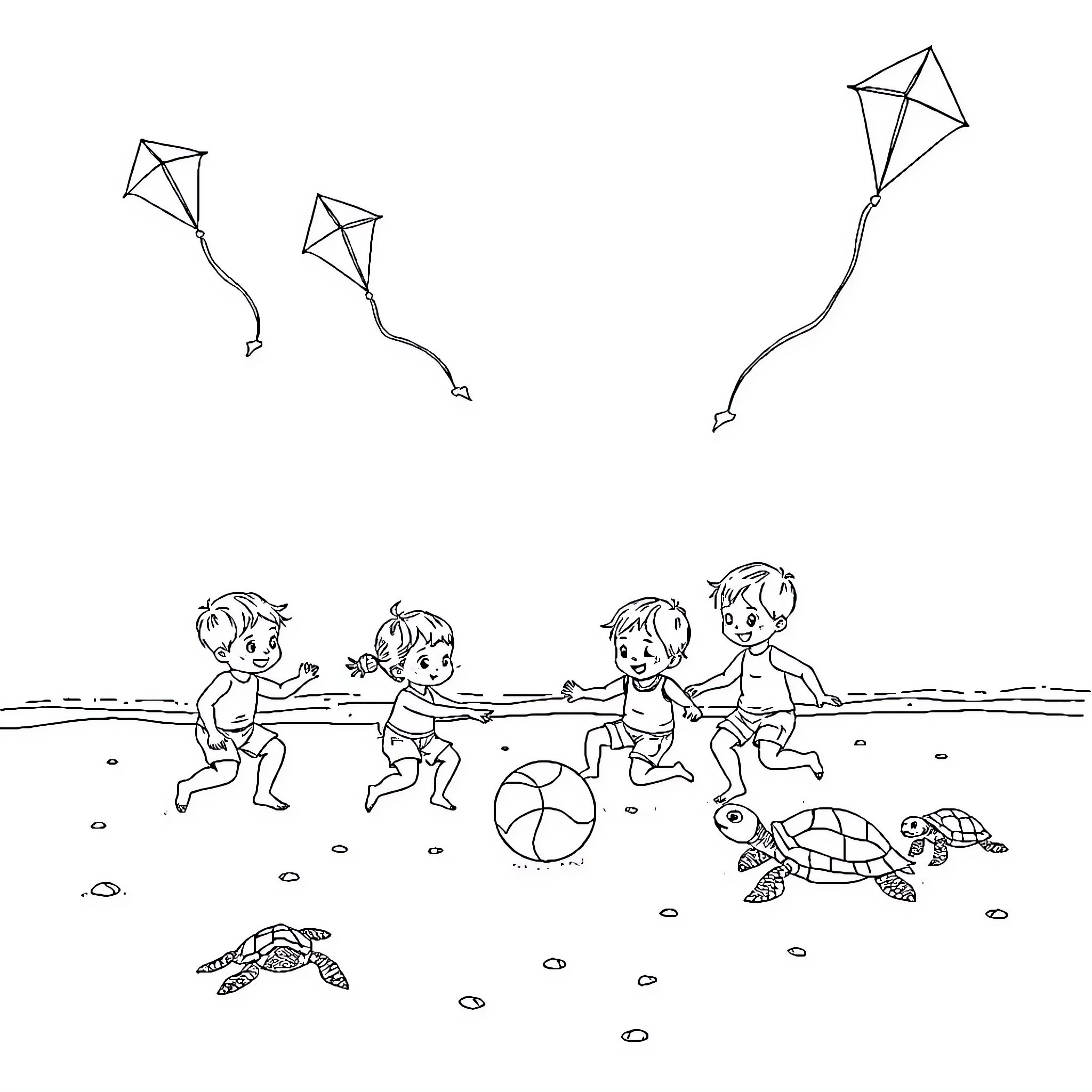 Kites dancing in the sky, children playing on the beach Coloring Page (free black-and-white line drawing printable PDF for all, from beginners to advanced learners, including children, teens, adults, and seniors)
