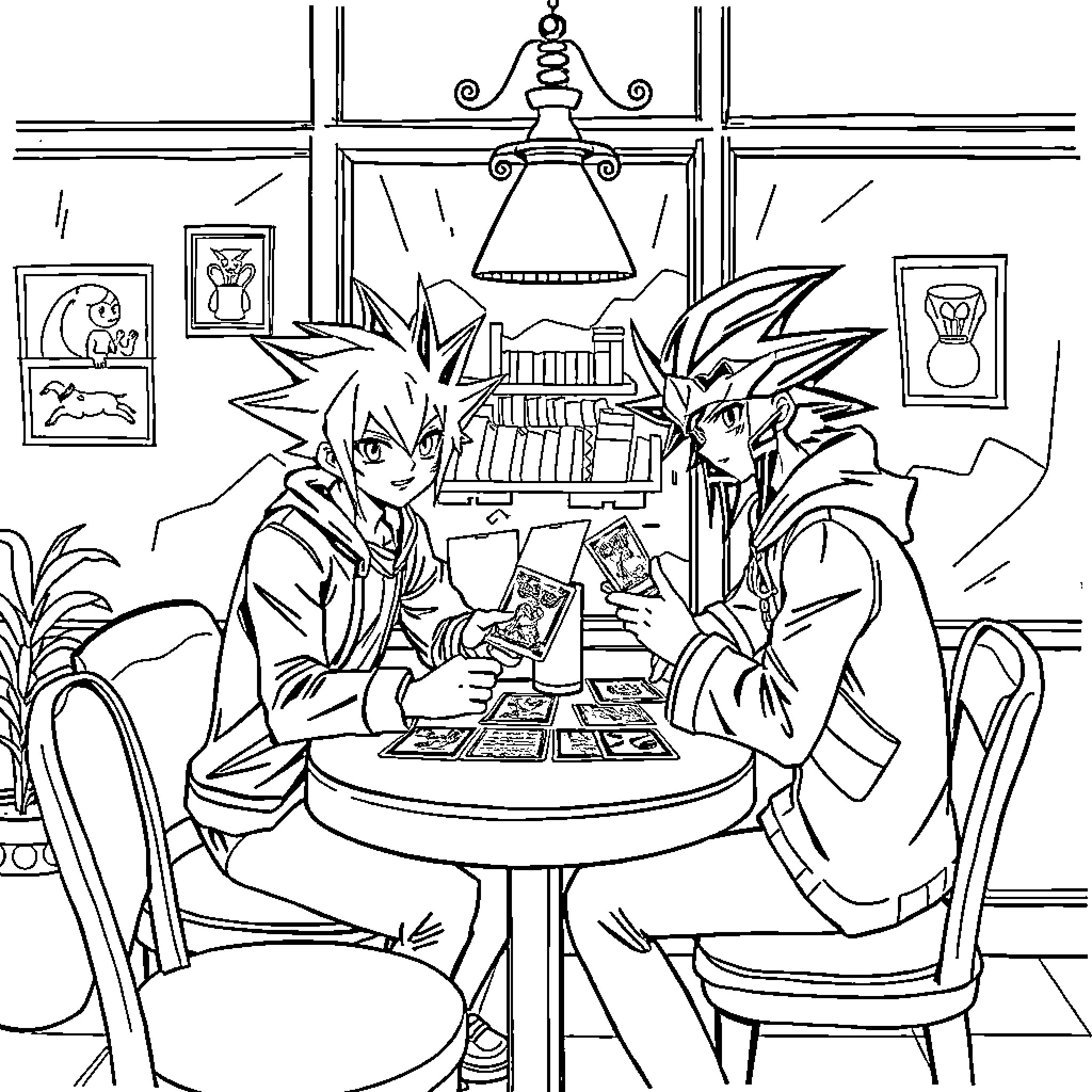 Yu-Gi-Oh Characters Playing Card Game Coloring Page (free black-and-white line drawing printable PDF for all, from beginners to advanced learners, including children, teens, adults, and seniors)