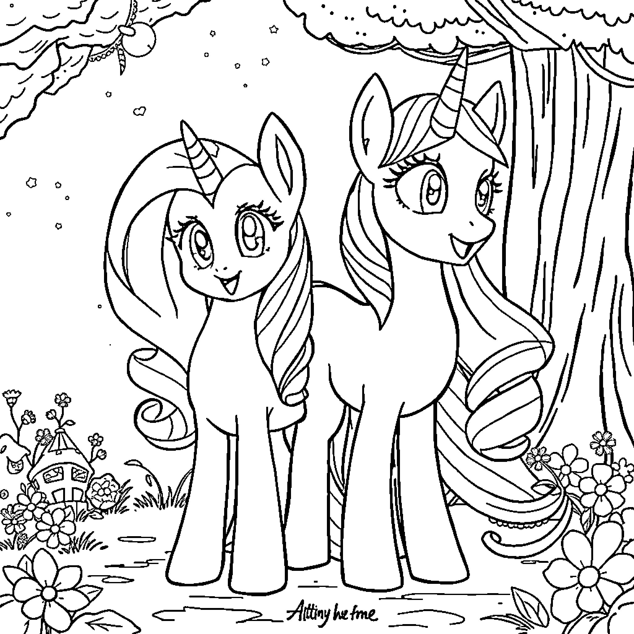 Twilight Encounter of Enchanted Unicorns in the Meadow Coloring Page (free black-and-white line drawing printable PDF for all, from beginners to advanced learners, including children, teens, adults, and seniors)