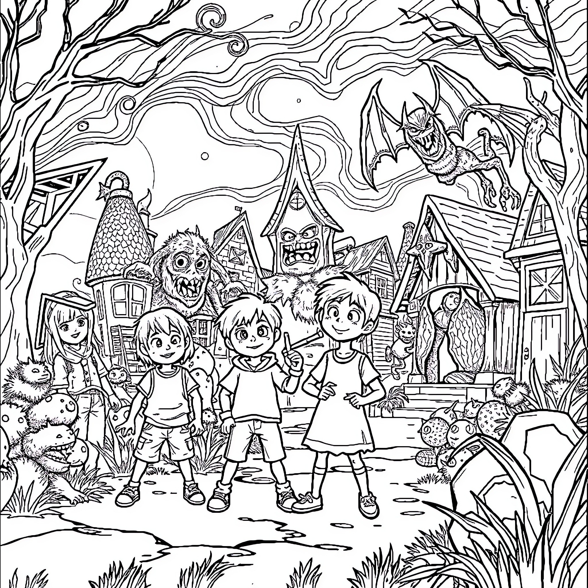 Stranger Things: Children Exploring Mysterious Supernatural World Coloring Page (free black-and-white line drawing printable PDF for all, from beginners to advanced learners, including children, teens, adults, and seniors)