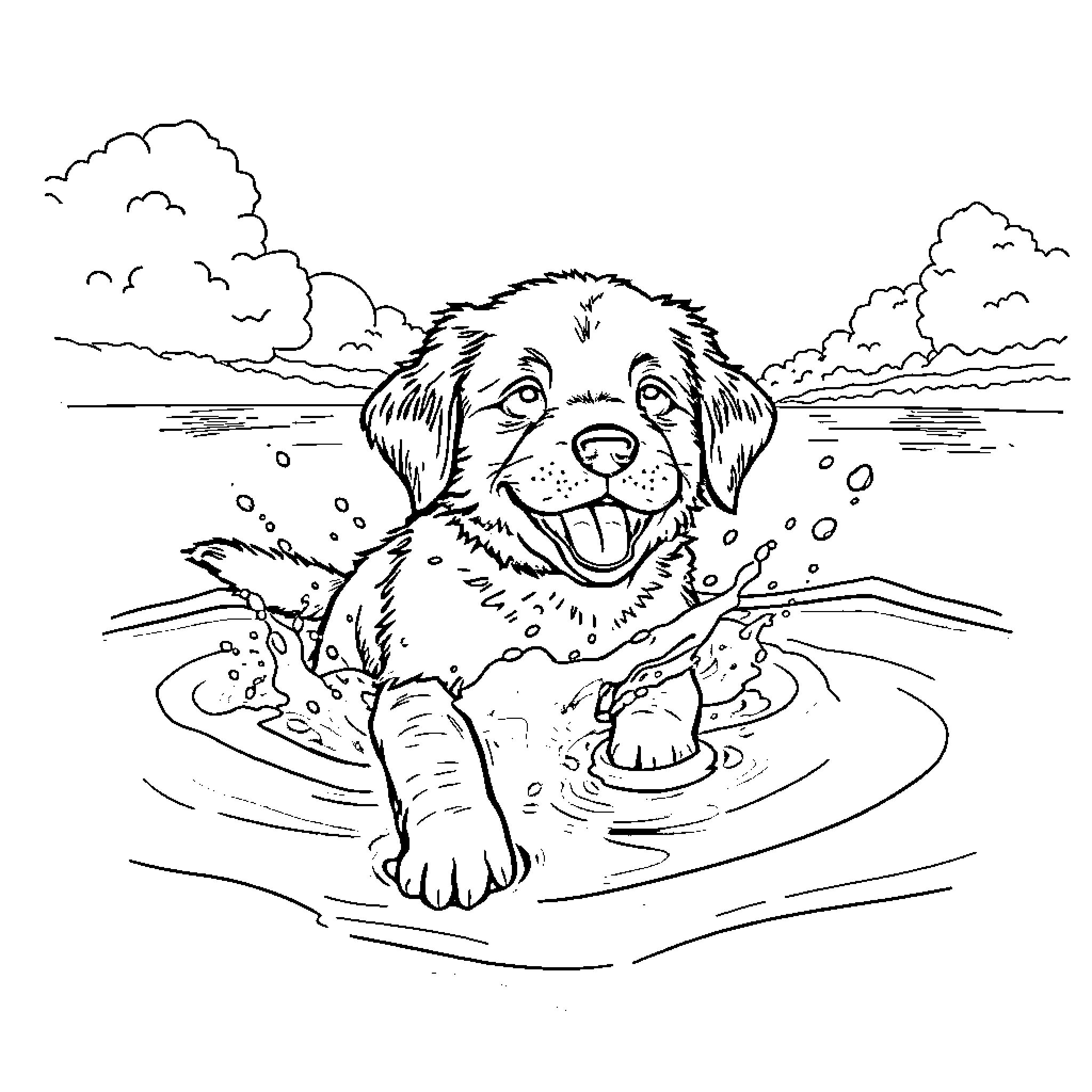 Golden Retriever swimming happily in the lake Coloring Page (free black-and-white line drawing printable PDF for all, from beginners to advanced learners, including children, teens, adults, and seniors)