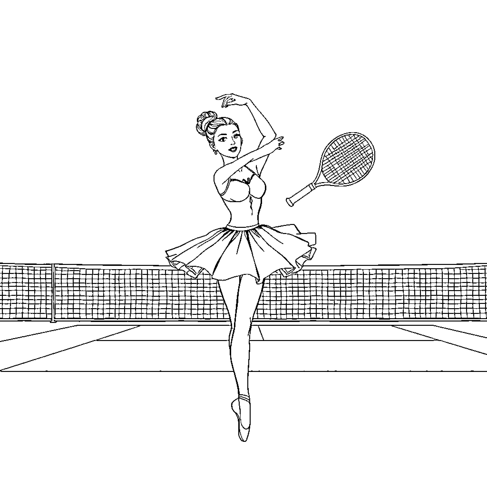Ballerina Dancing on Tennis Court Coloring Page (free black-and-white line drawing printable PDF for all, from beginners to advanced learners, including children, teens, adults, and seniors)