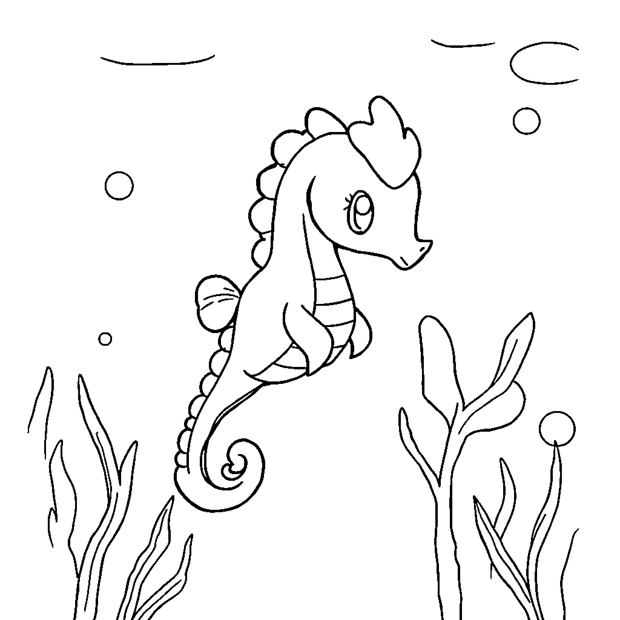 Horsea playing in the underwater seascape Coloring Page (free black-and-white line drawing printable PDF for all, from beginners to advanced learners, including children, teens, adults, and seniors)