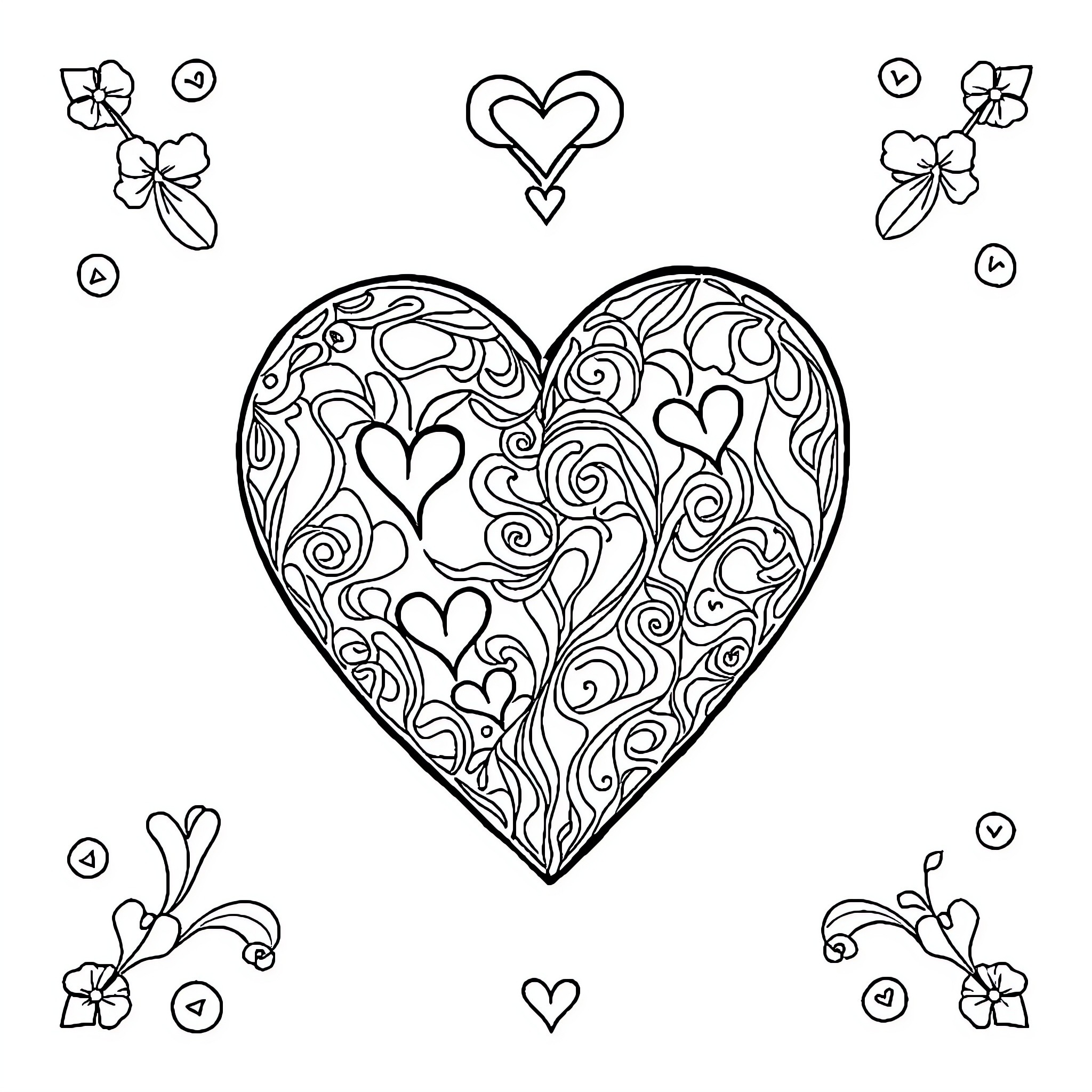Heart of Intricate Designs and Patterns Coloring Page (free black-and-white line drawing printable PDF for all, from beginners to advanced learners, including children, teens, adults, and seniors)