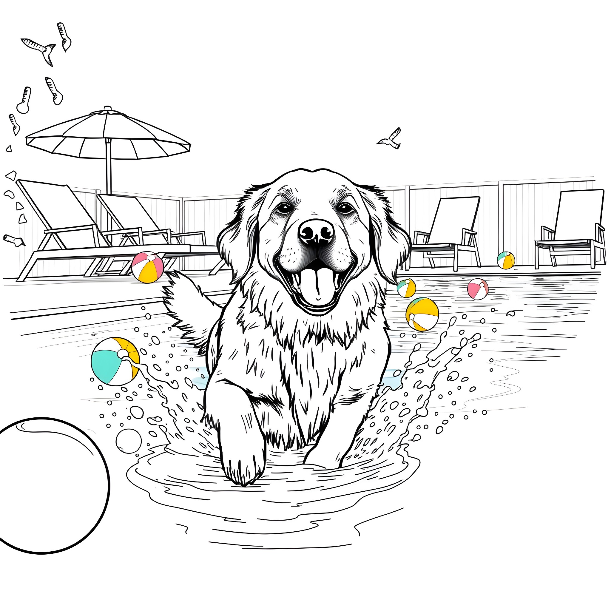 Golden Retriever Playing Happily in the Pool Coloring Page (free black-and-white line drawing printable PDF for all, from beginners to advanced learners, including children, teens, adults, and seniors)