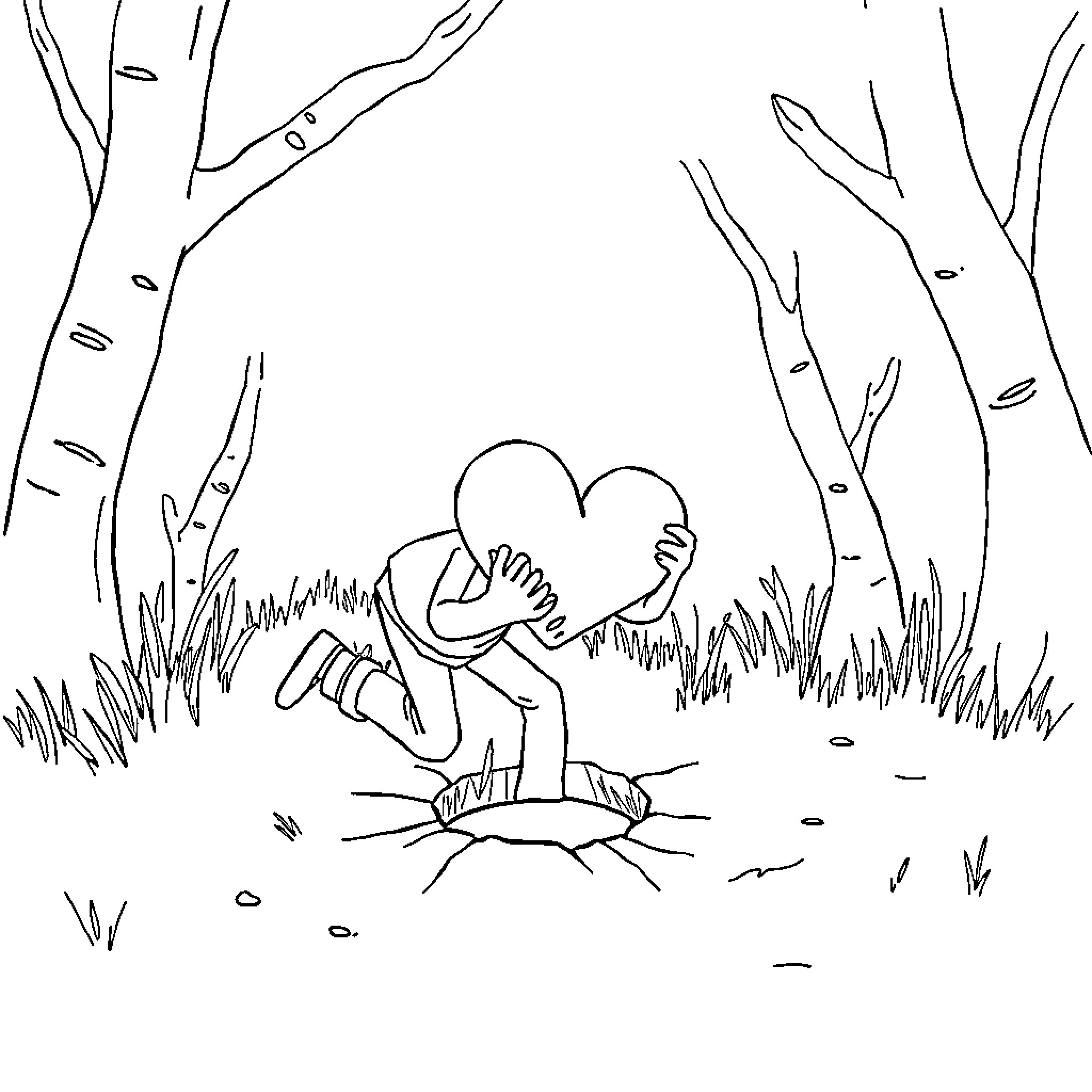Heart-shaped figure embracing in forest Coloring Page (free black-and-white line drawing printable PDF for all, from beginners to advanced learners, including children, teens, adults, and seniors)