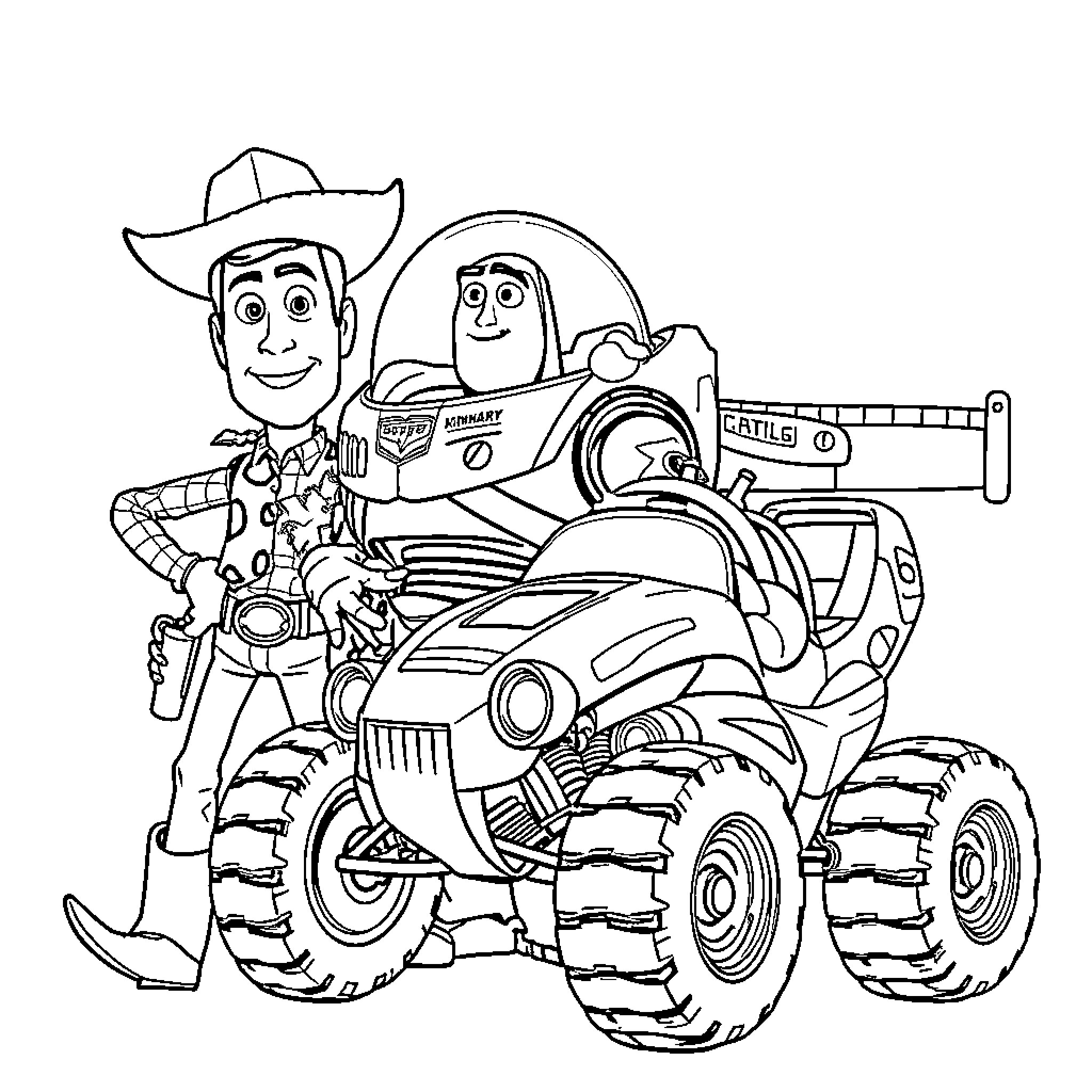 Toy Story Characters on Monster Truck Adventure Coloring Page (free black-and-white line drawing printable PDF for all, from beginners to advanced learners, including children, teens, adults, and seniors)