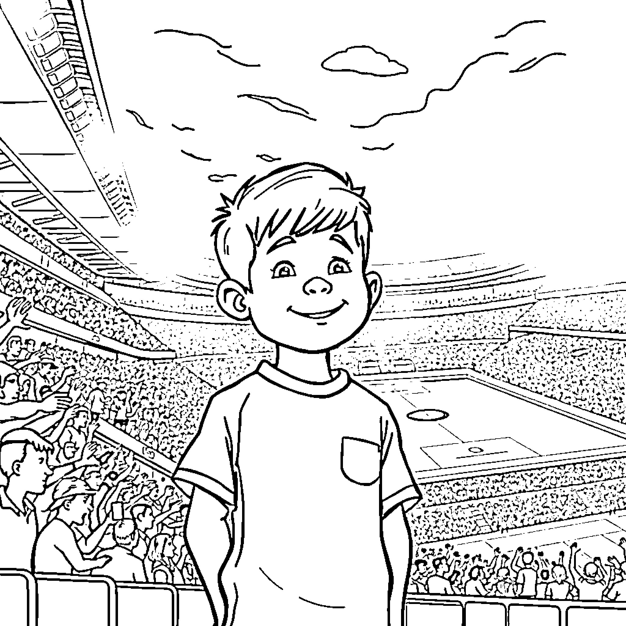 Boy enjoying the excitement of a stadium event Coloring Page (free black-and-white line drawing printable PDF for all, from beginners to advanced learners, including children, teens, adults, and seniors)
