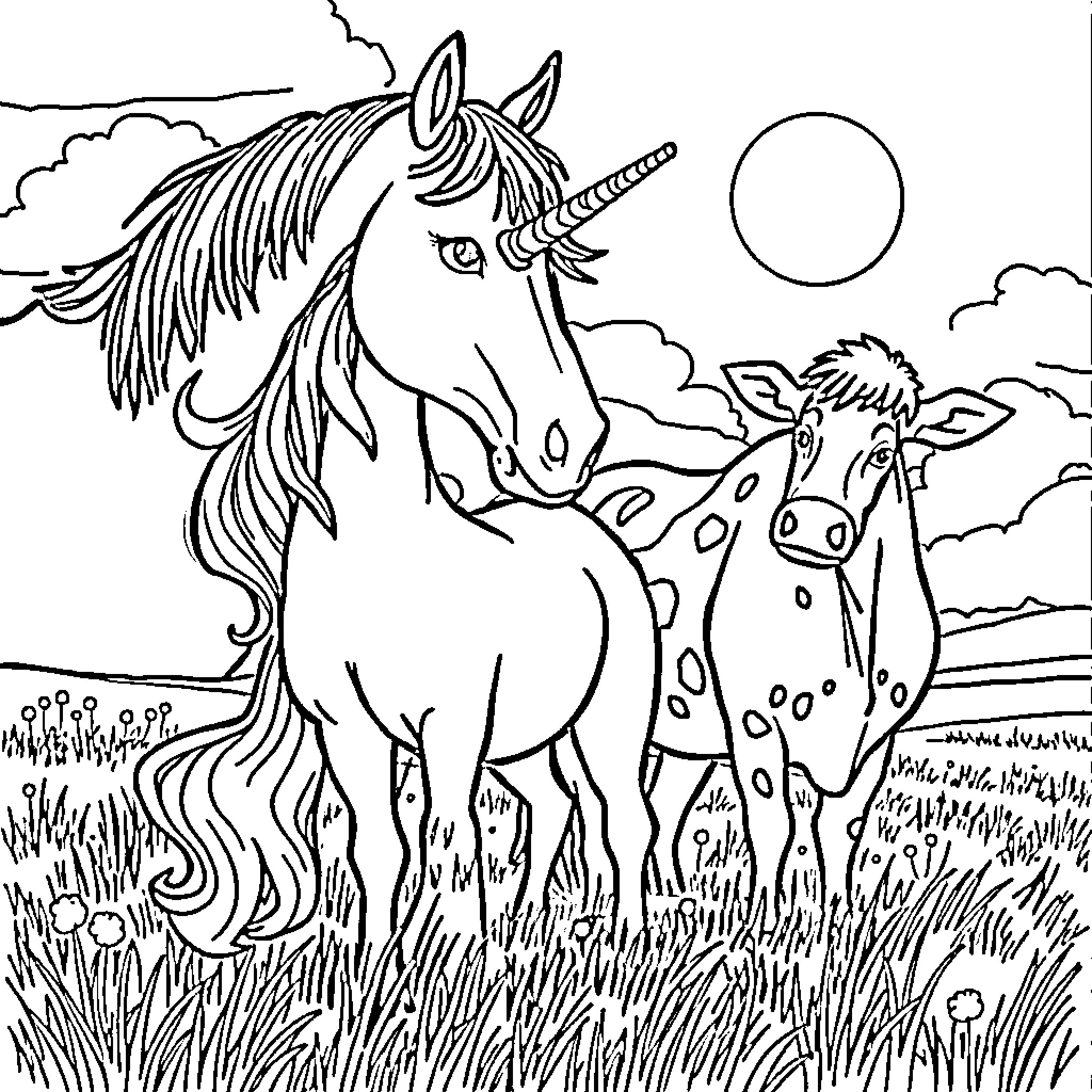 Unicorn and Foal Enjoying Moonlit Meadow Coloring Page (free black-and-white line drawing printable PDF for all, from beginners to advanced learners, including children, teens, adults, and seniors)