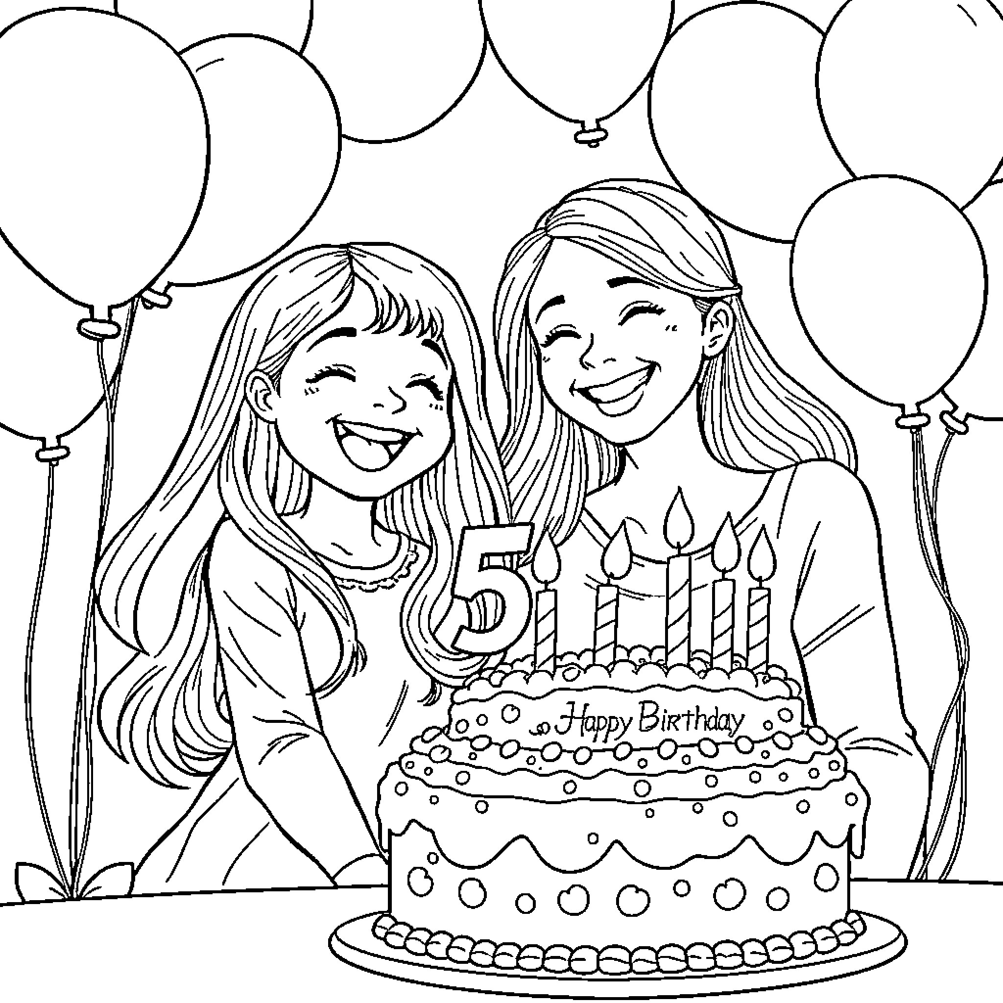 Girls celebrating a birthday with cake and balloons Coloring Page (free black-and-white line drawing printable PDF for all, from beginners to advanced learners, including children, teens, adults, and seniors)