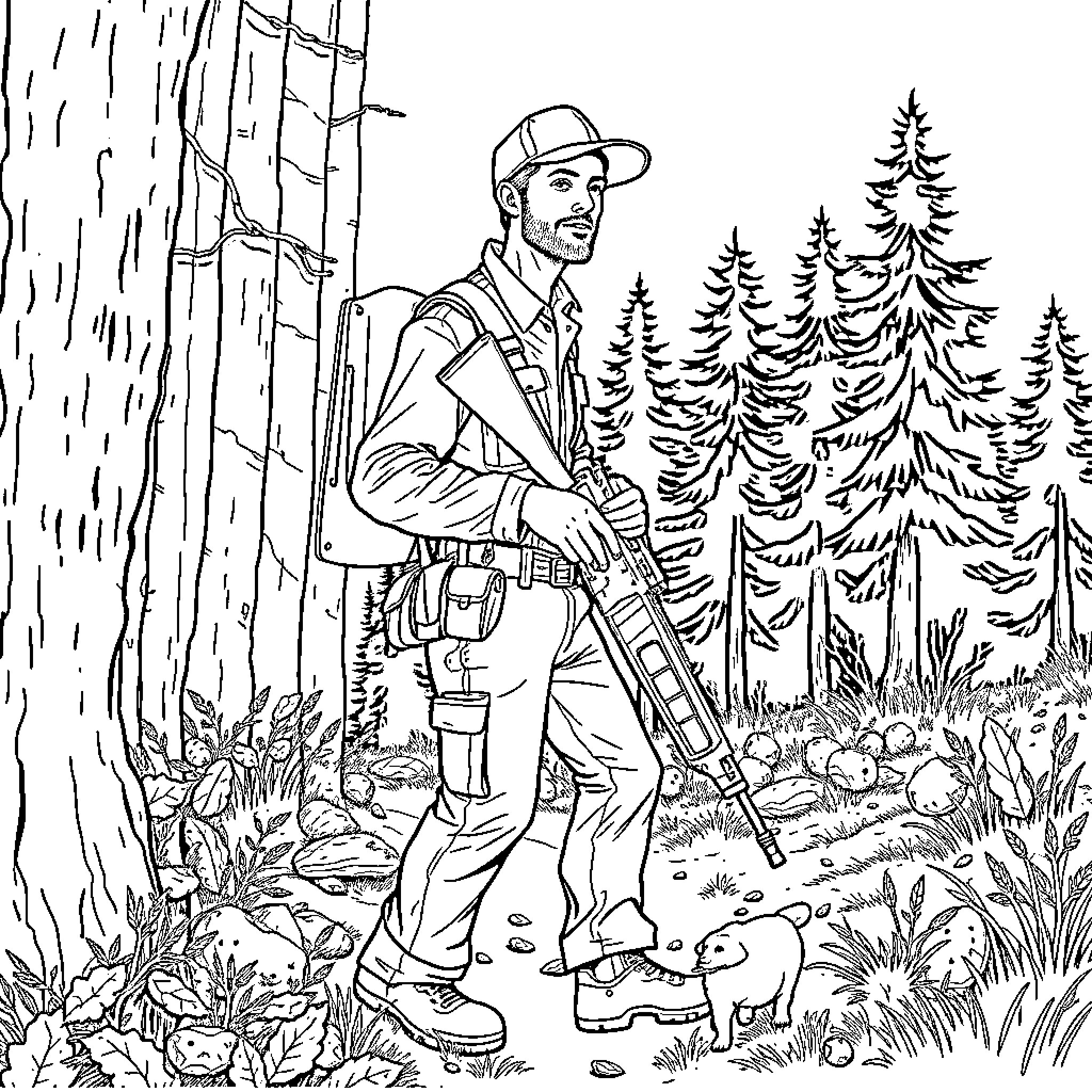 HVAC Technician Hiking Through Forested Terrain Coloring Page (free black-and-white line drawing printable PDF for all, from beginners to advanced learners, including children, teens, adults, and seniors)