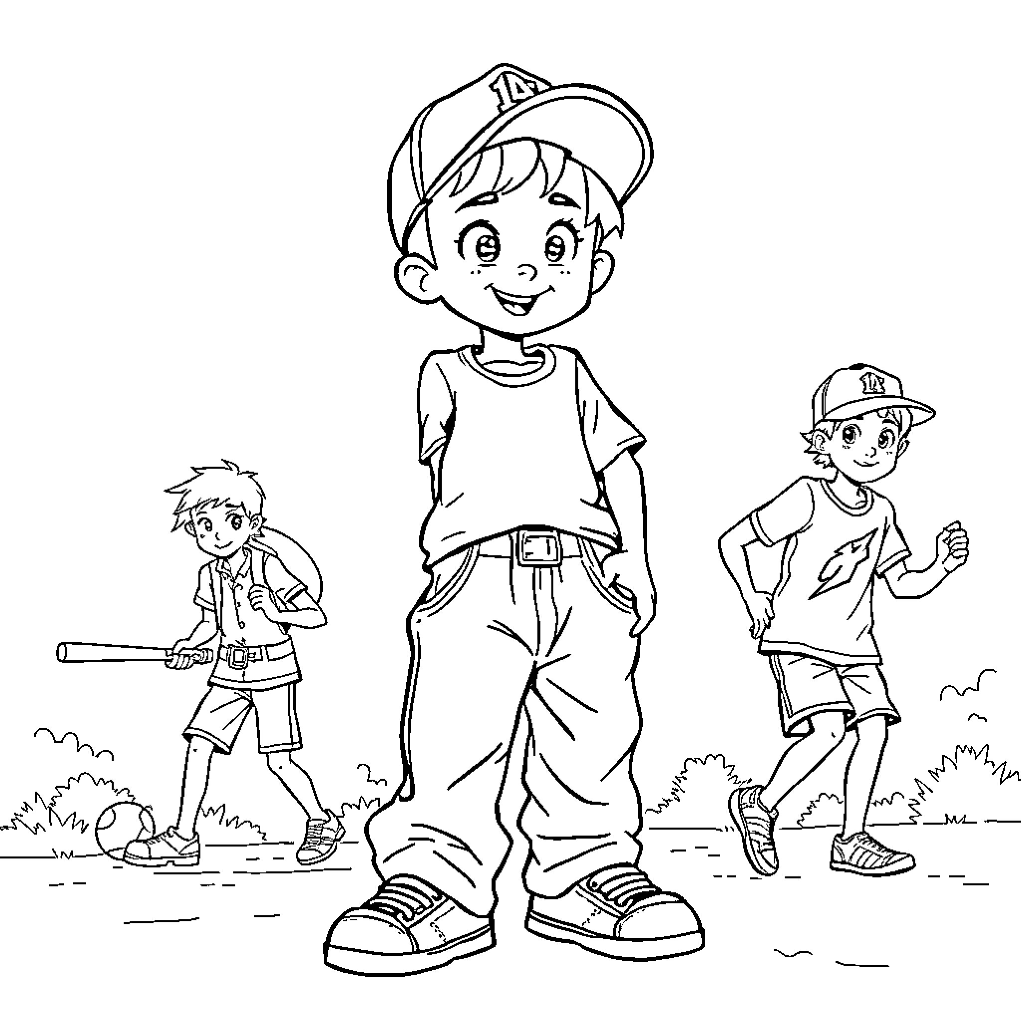 Tomboy playing energetically with her friends outdoors Coloring Page (free black-and-white line drawing printable PDF for all, from beginners to advanced learners, including children, teens, adults, and seniors)