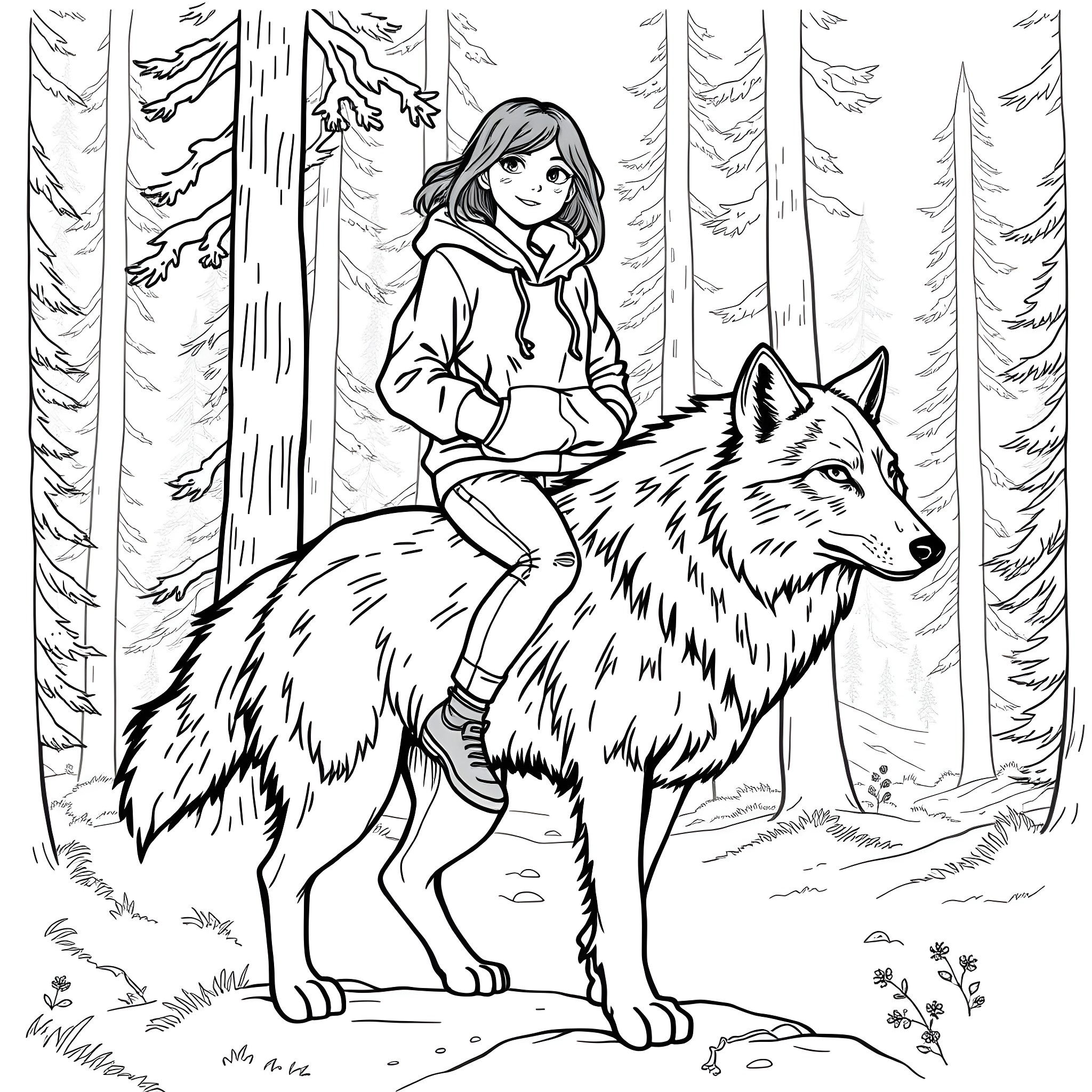 Teen Girl Riding a Majestic Wolf in the Forest Coloring Page (free black-and-white line drawing printable PDF for all, from beginners to advanced learners, including children, teens, adults, and seniors)
