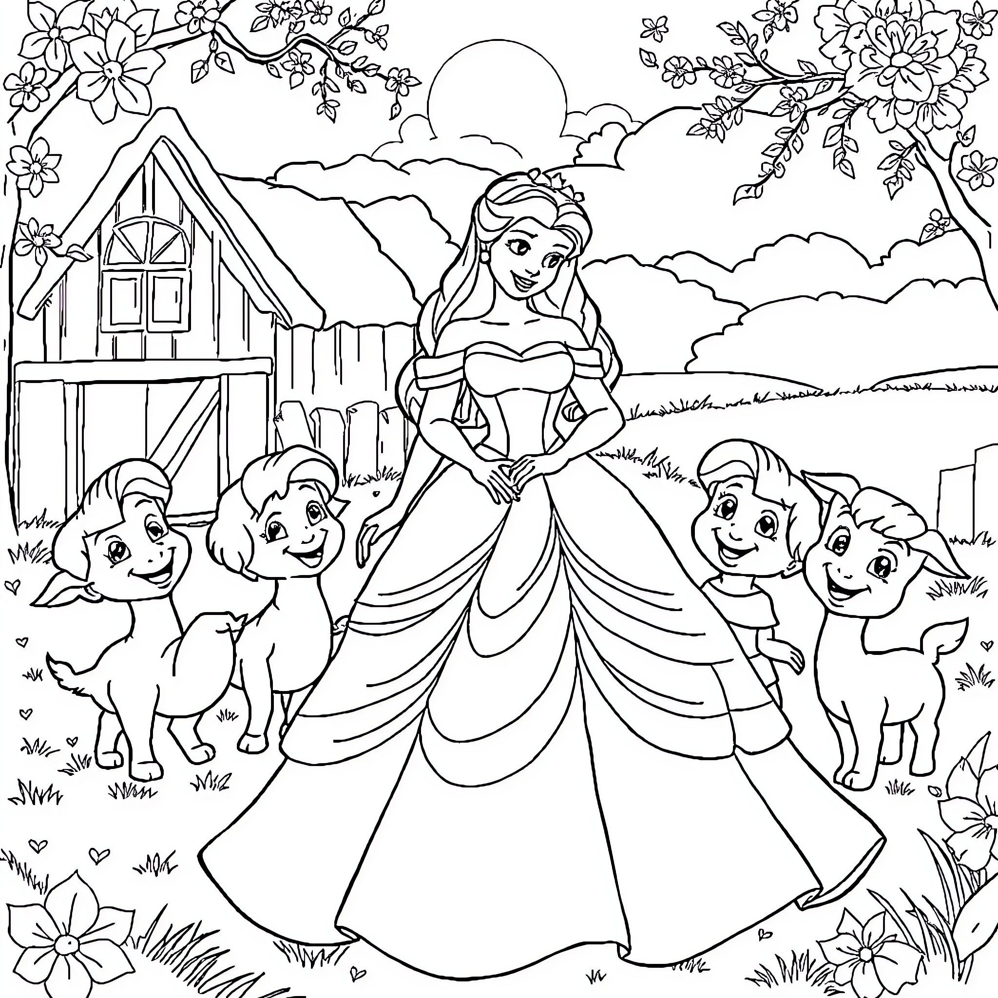 Princess's Peaceful Countryside Adventure Coloring Page (free black-and-white line drawing printable PDF for all, from beginners to advanced learners, including children, teens, adults, and seniors)