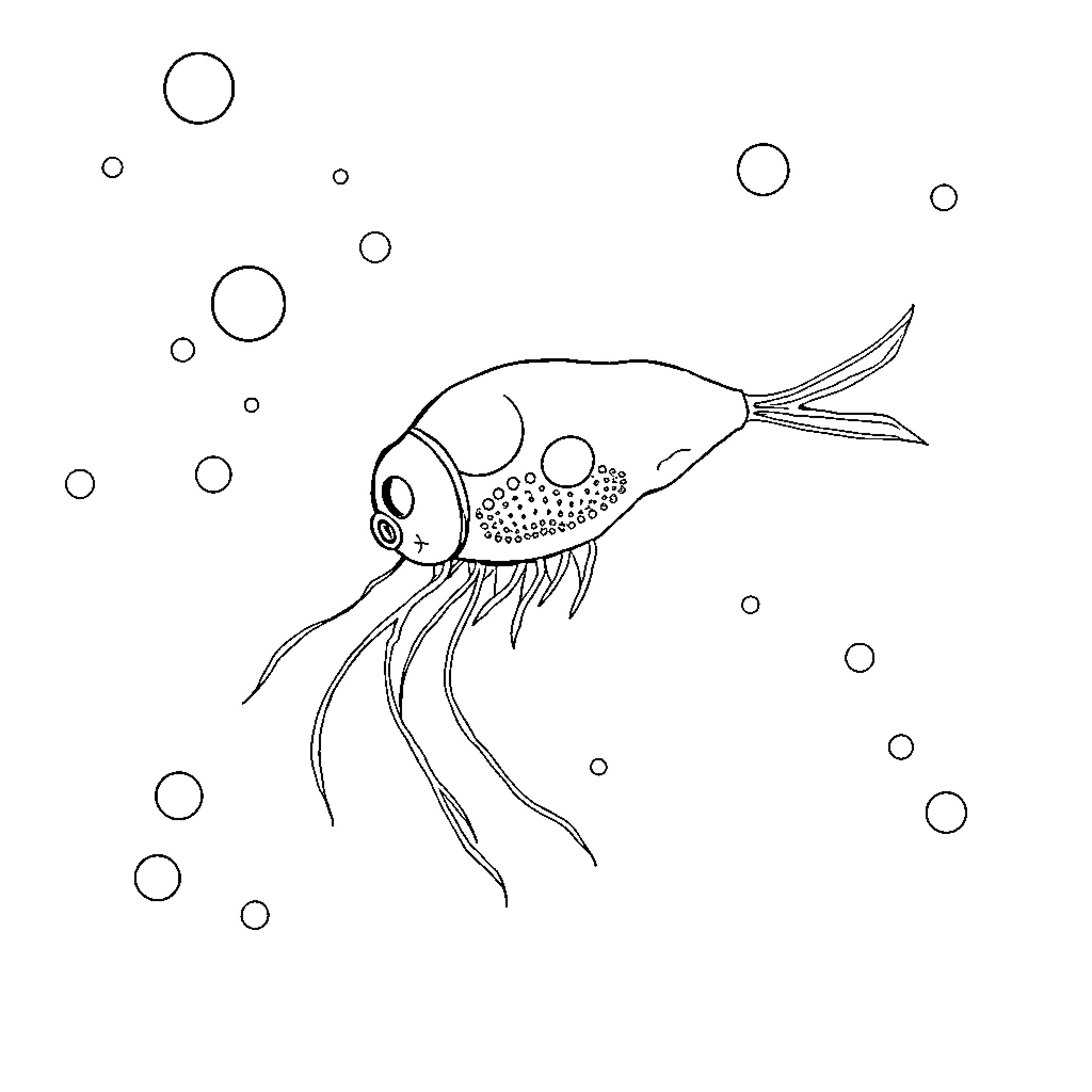 Plankton swimming among bubbles Coloring Page (free black-and-white line drawing printable PDF for all, from beginners to advanced learners, including children, teens, adults, and seniors)