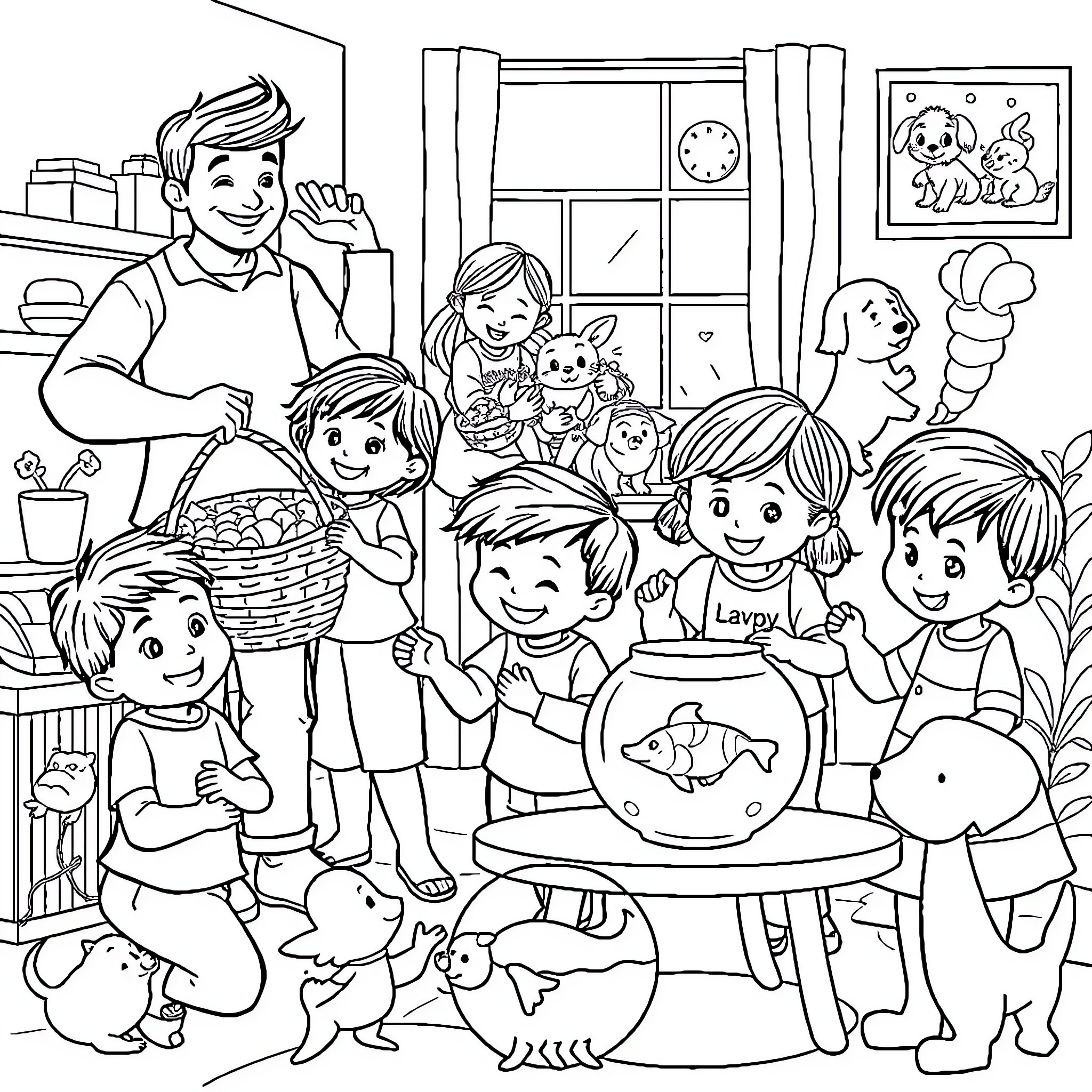 Family Enjoying a Cozy Indoor Gathering Coloring Page (free black-and-white line drawing printable PDF for all, from beginners to advanced learners, including children, teens, adults, and seniors)
