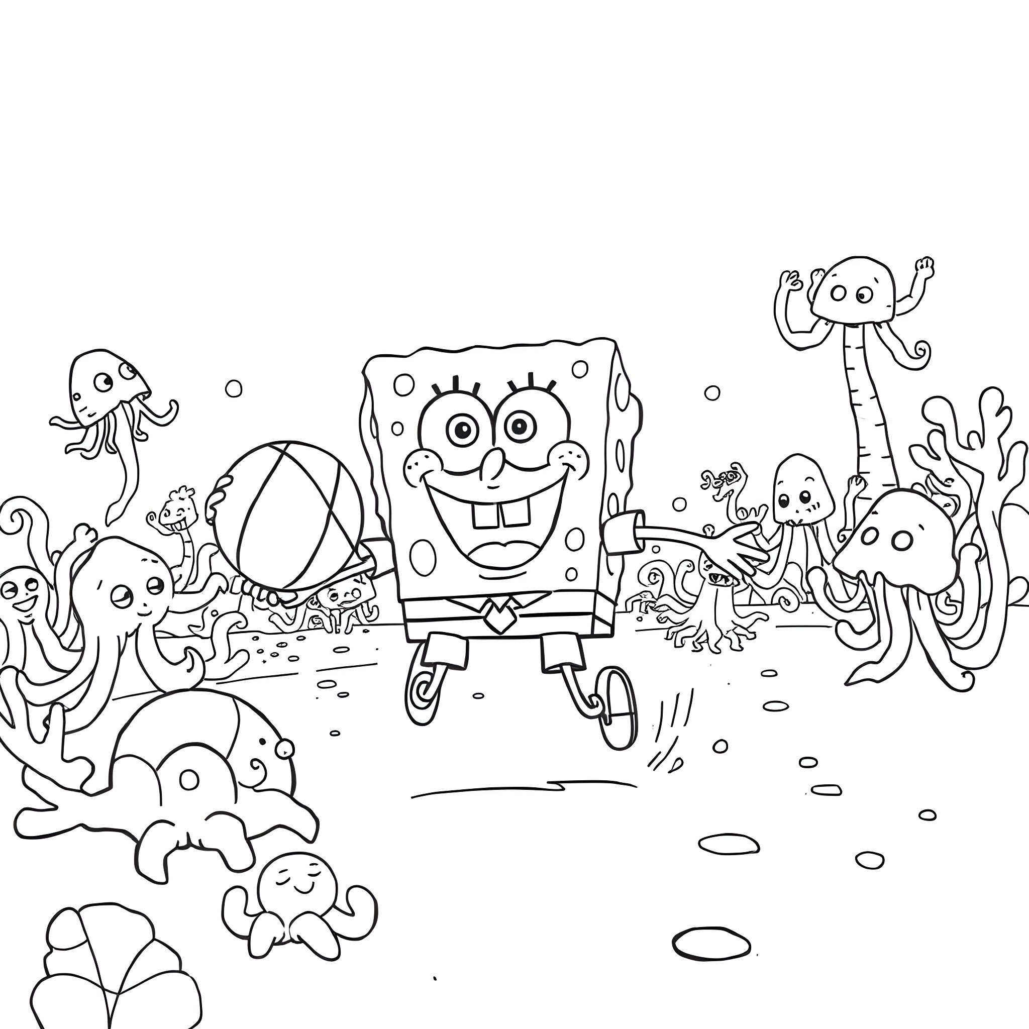 Spongebob and friends in a fun underwater scene Coloring Page (free black-and-white line drawing printable PDF for all, from beginners to advanced learners, including children, teens, adults, and seniors)