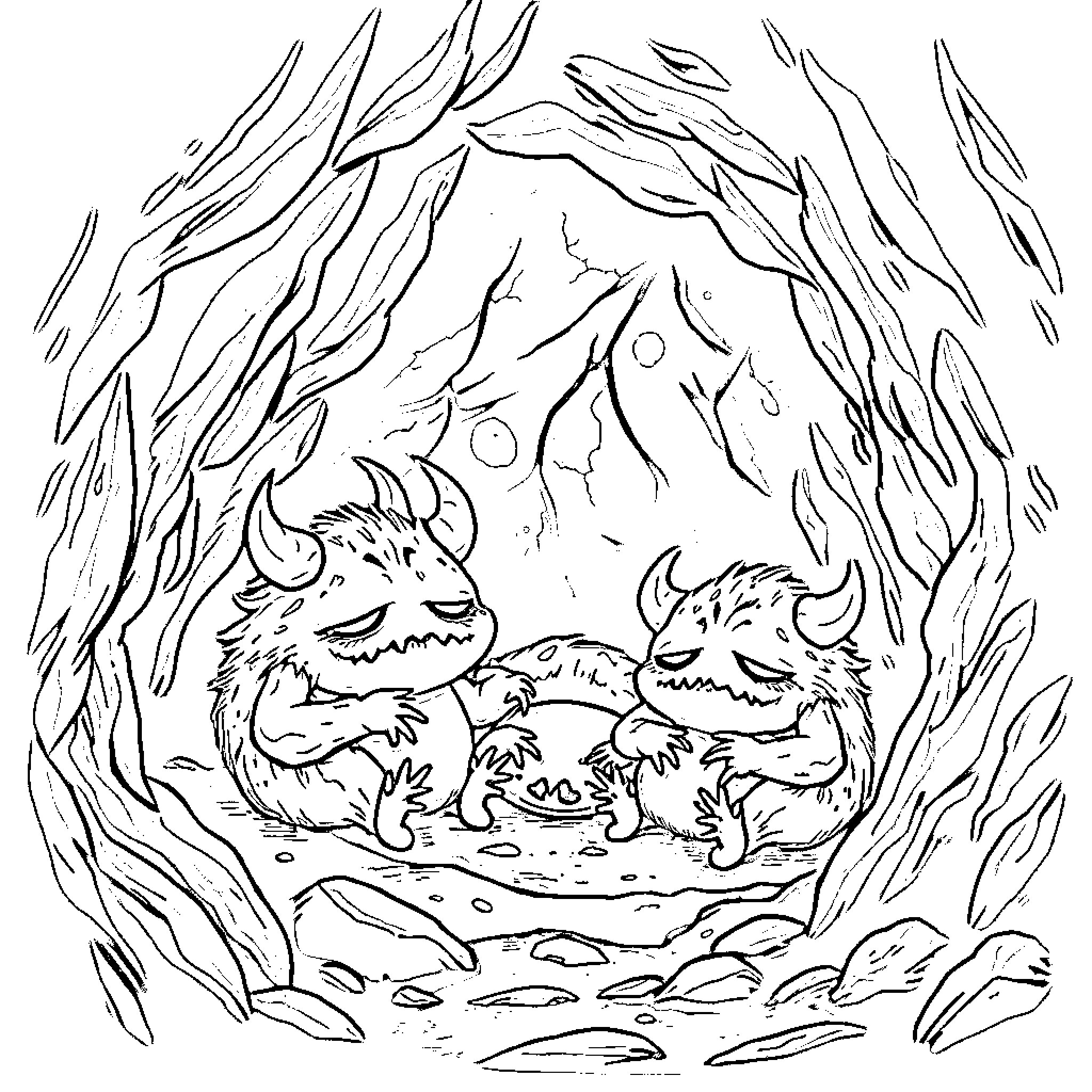 Monster creatures hiding in a dark forest Coloring Page (free black-and-white line drawing printable PDF for all, from beginners to advanced learners, including children, teens, adults, and seniors)