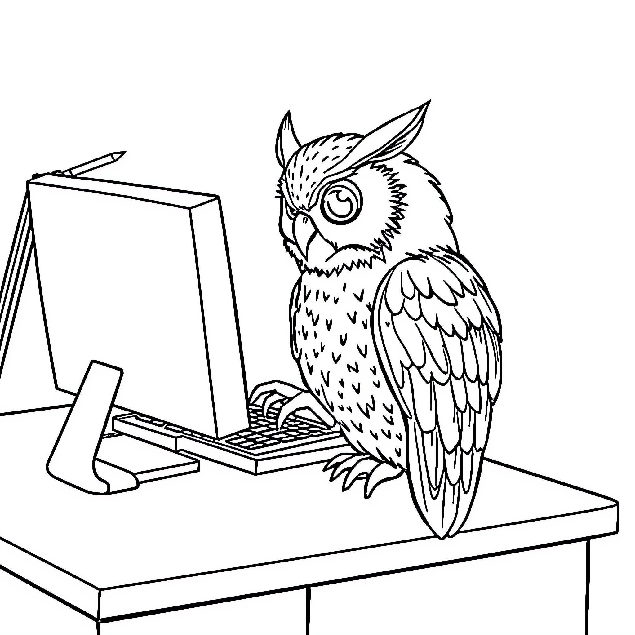 Owl intently reading a book on the desk Coloring Page (free black-and-white line drawing printable PDF for all, from beginners to advanced learners, including children, teens, adults, and seniors)