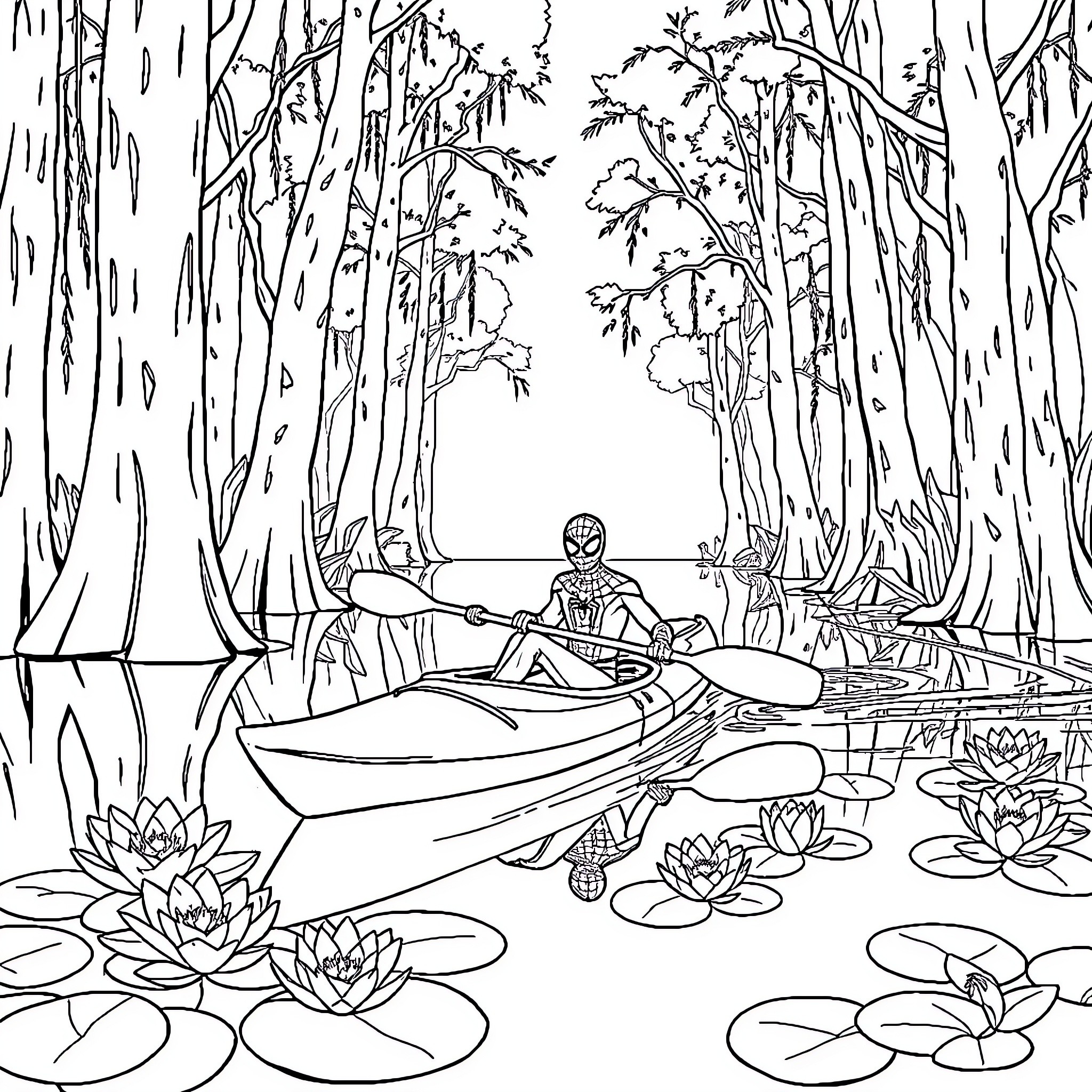 Spiderman navigating through a serene forest stream Coloring Page (free black-and-white line drawing printable PDF for all, from beginners to advanced learners, including children, teens, adults, and seniors)