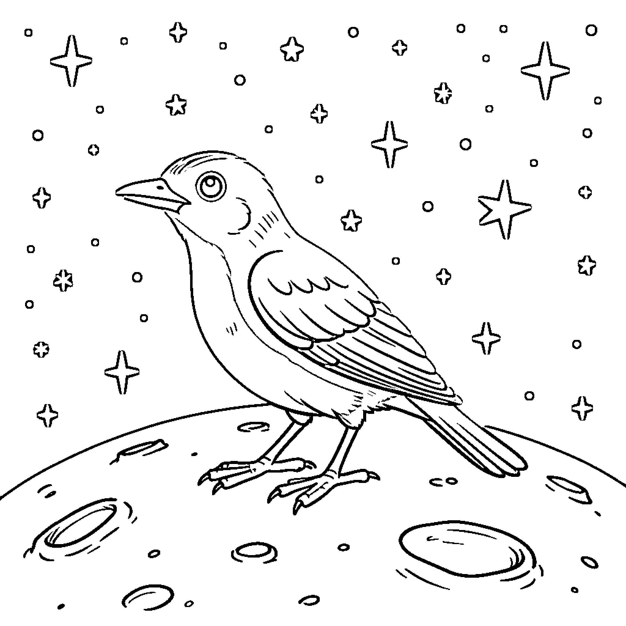 Creeper bird gazing at sparkling night sky Coloring Page (free black-and-white line drawing printable PDF for all, from beginners to advanced learners, including children, teens, adults, and seniors)