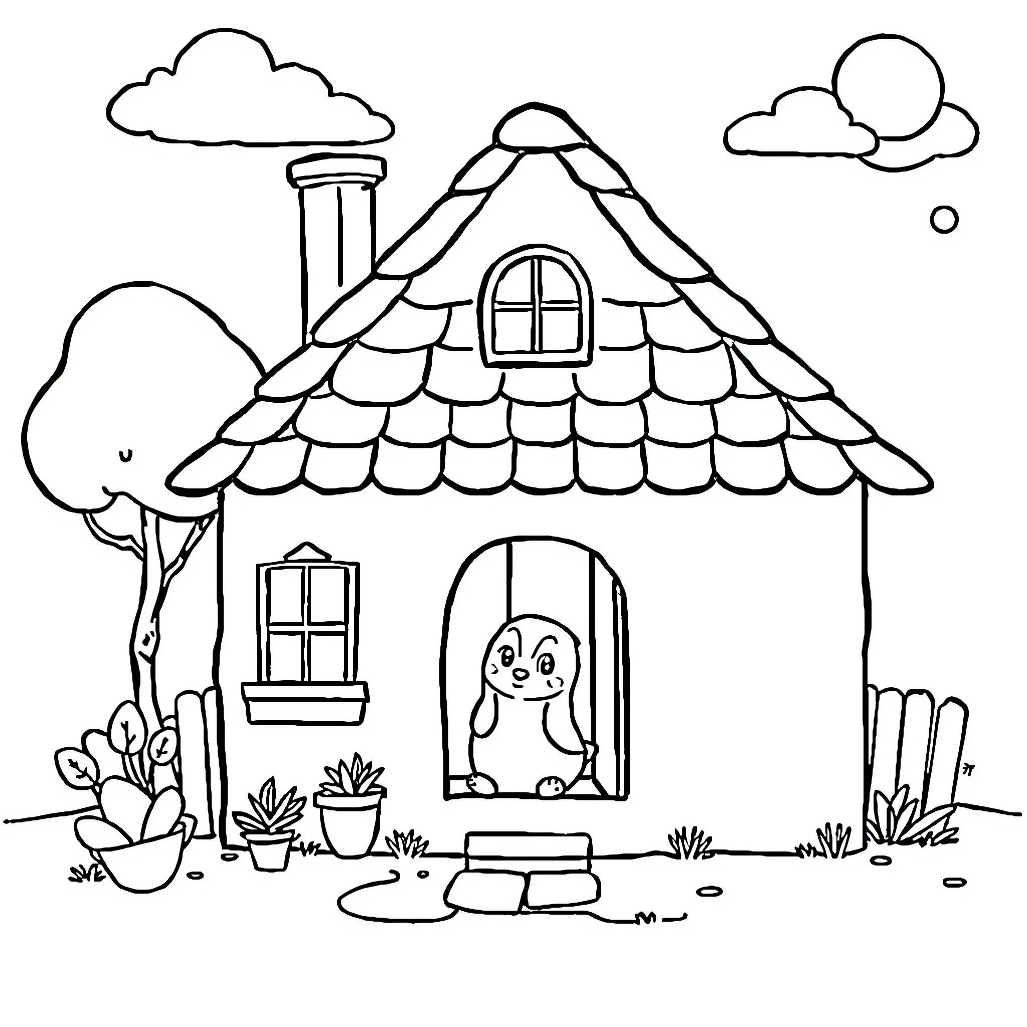 Monkey in a cute cartoon house Coloring Page (free black-and-white line drawing printable PDF for all, from beginners to advanced learners, including children, teens, adults, and seniors)