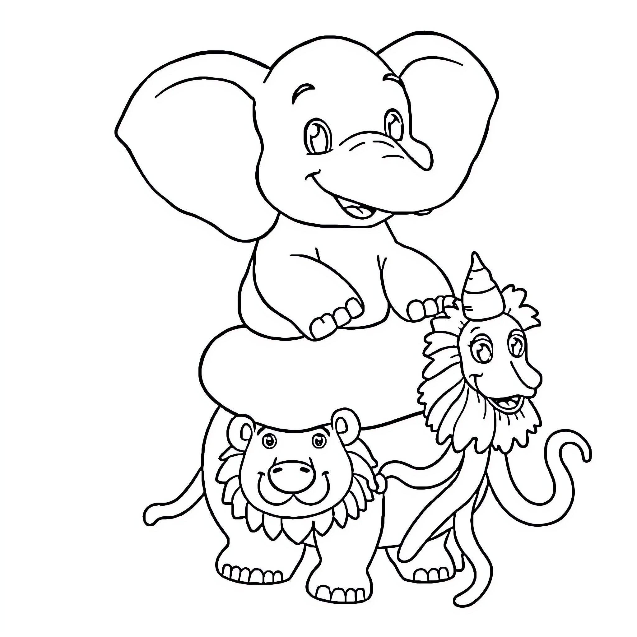 Elephant playing with lion and bird companions Coloring Page (free black-and-white line drawing printable PDF for all, from beginners to advanced learners, including children, teens, adults, and seniors)